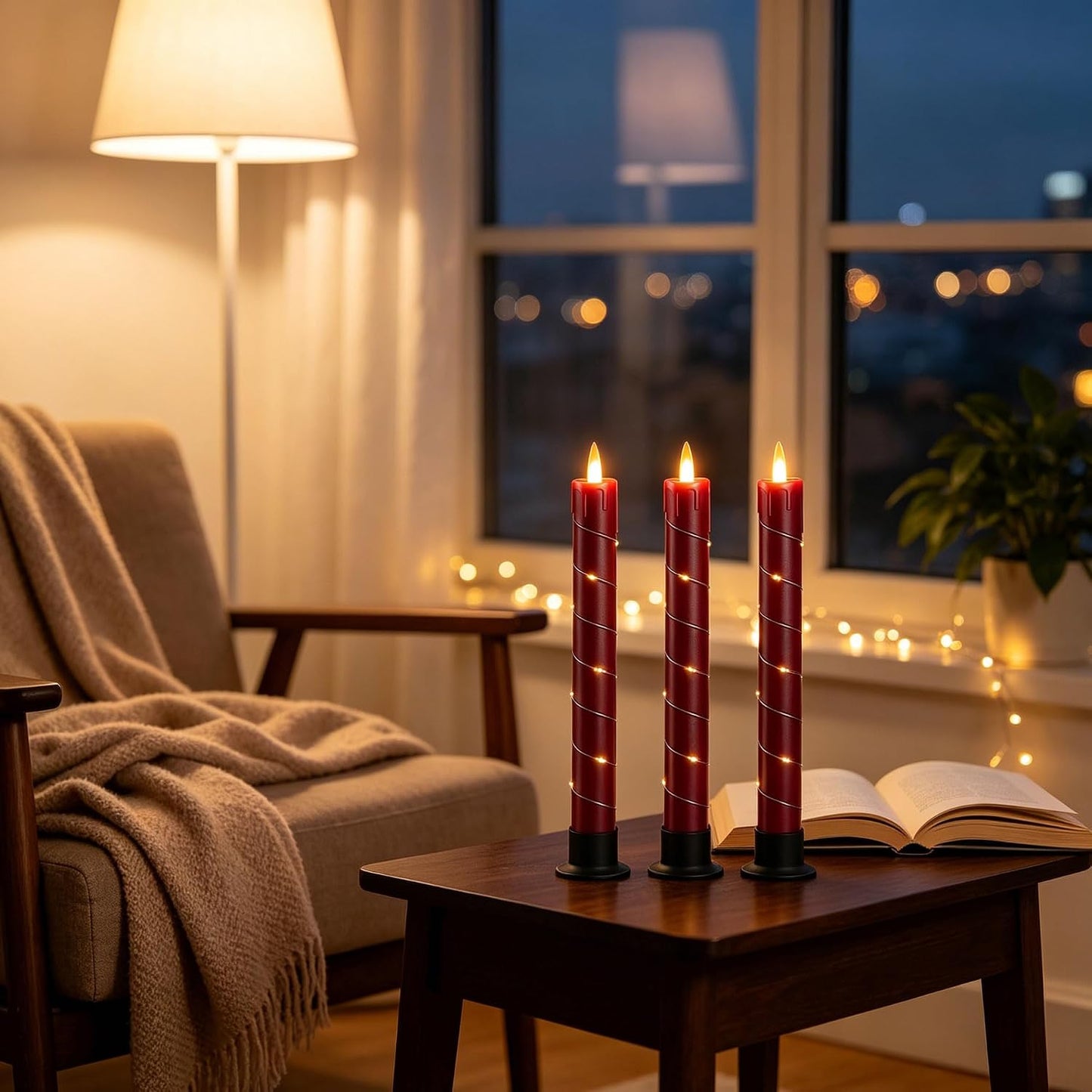 Da by 3 Pack Red Dripping Wax Flameless Candles, Realistic Dynamic Flame LED Taper Candles with Surrounding Fairy