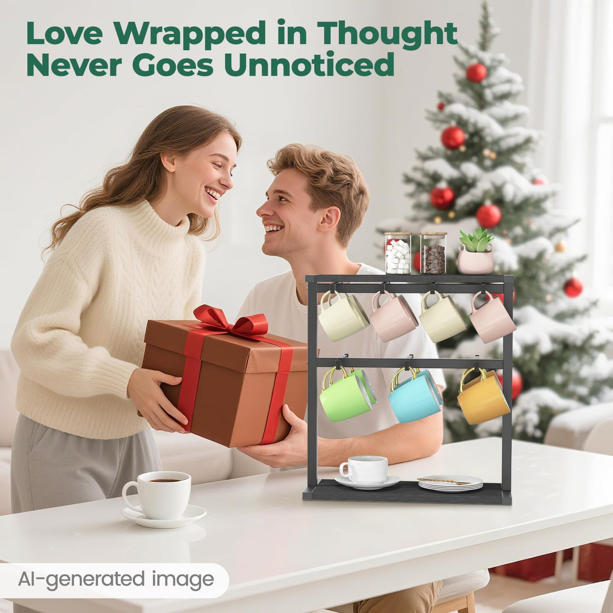 EsLuker.ly Coffee Mug Holder Cup Tree Rack for Coffee Bar Countertop | 2 Tier Wood Organizer Narrow Display Stand for