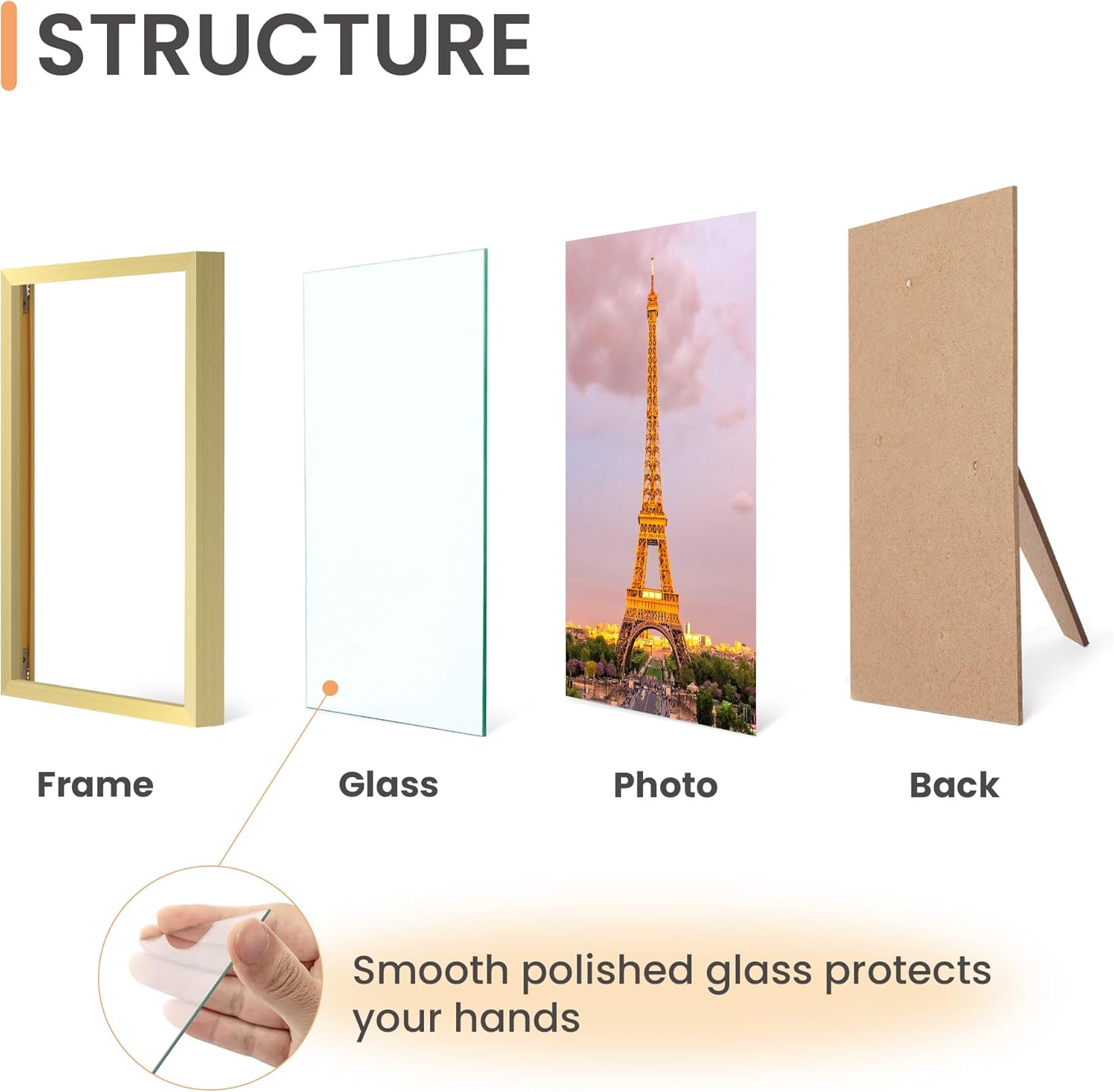 Picture Frame / Made of High Definition Glass / Gold / 8 x 10 / Set of 3