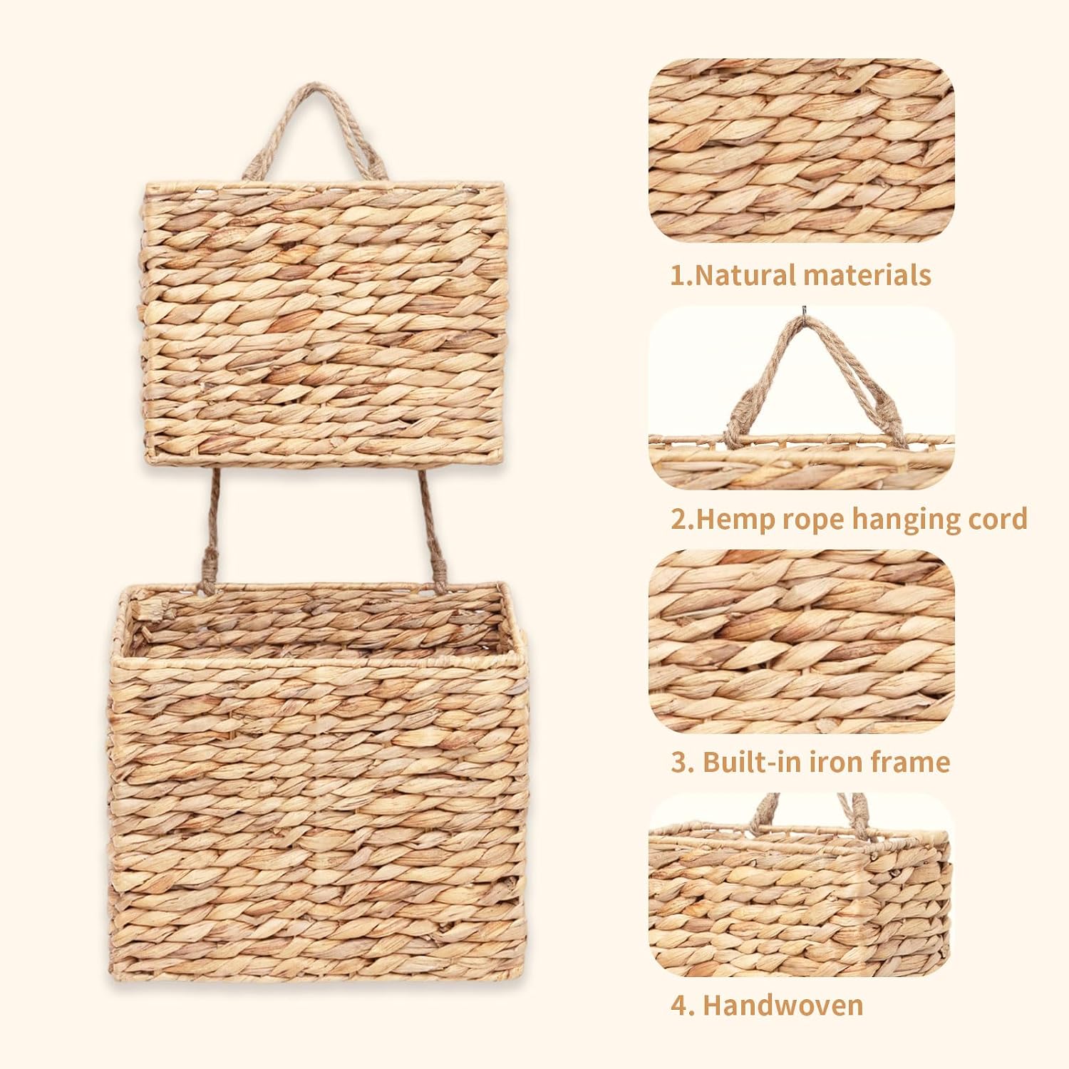 Woven Water Hyacinth Hanging Basket 2-Tiered Storage Baskets Over the Door Organizer / Rectangular