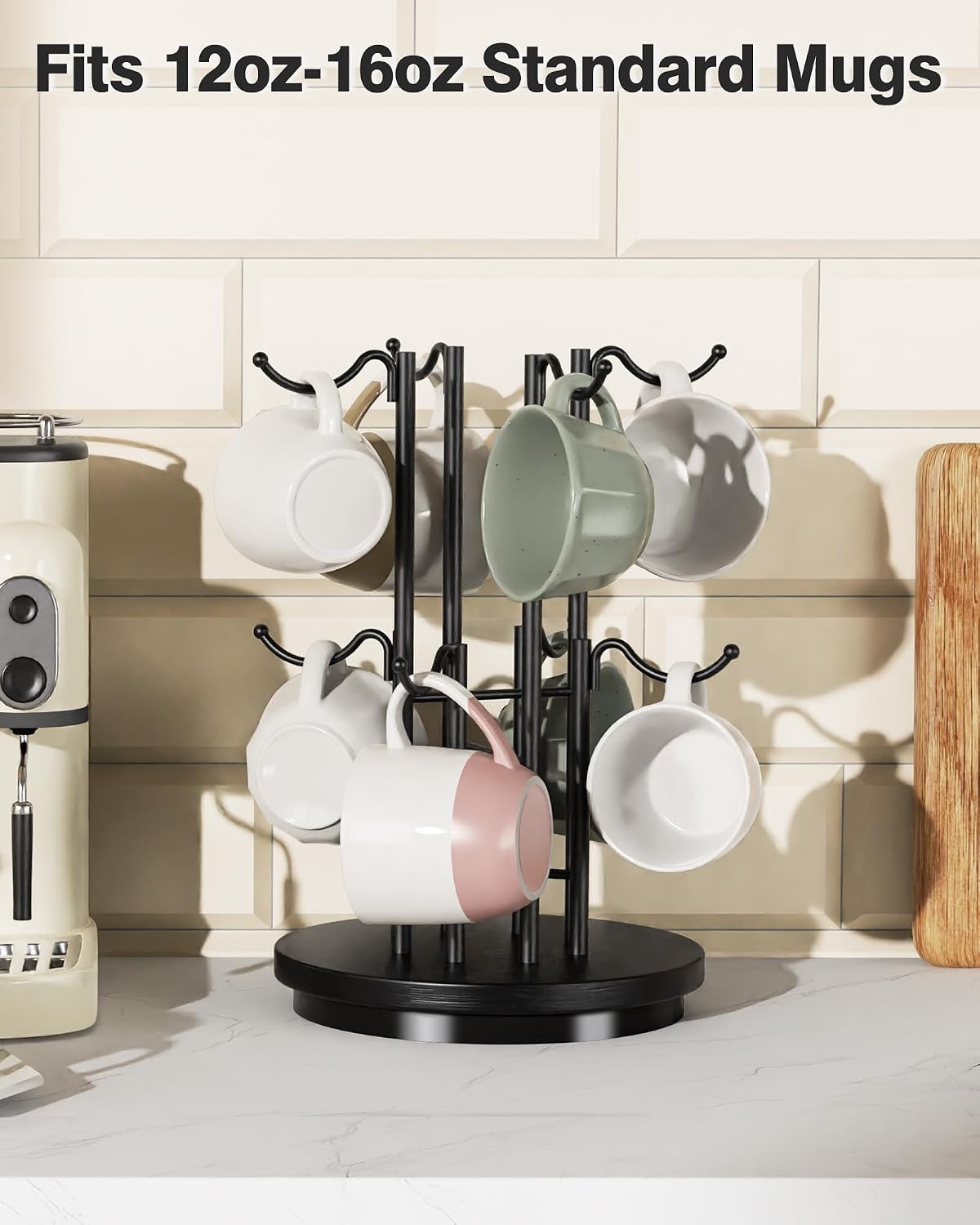 8-Hook 360° Rotating Large Coffee Mug Tree for Counter, Wood Base, Black | 360° rotation, 8 mugs (12-16oz), 5.7"