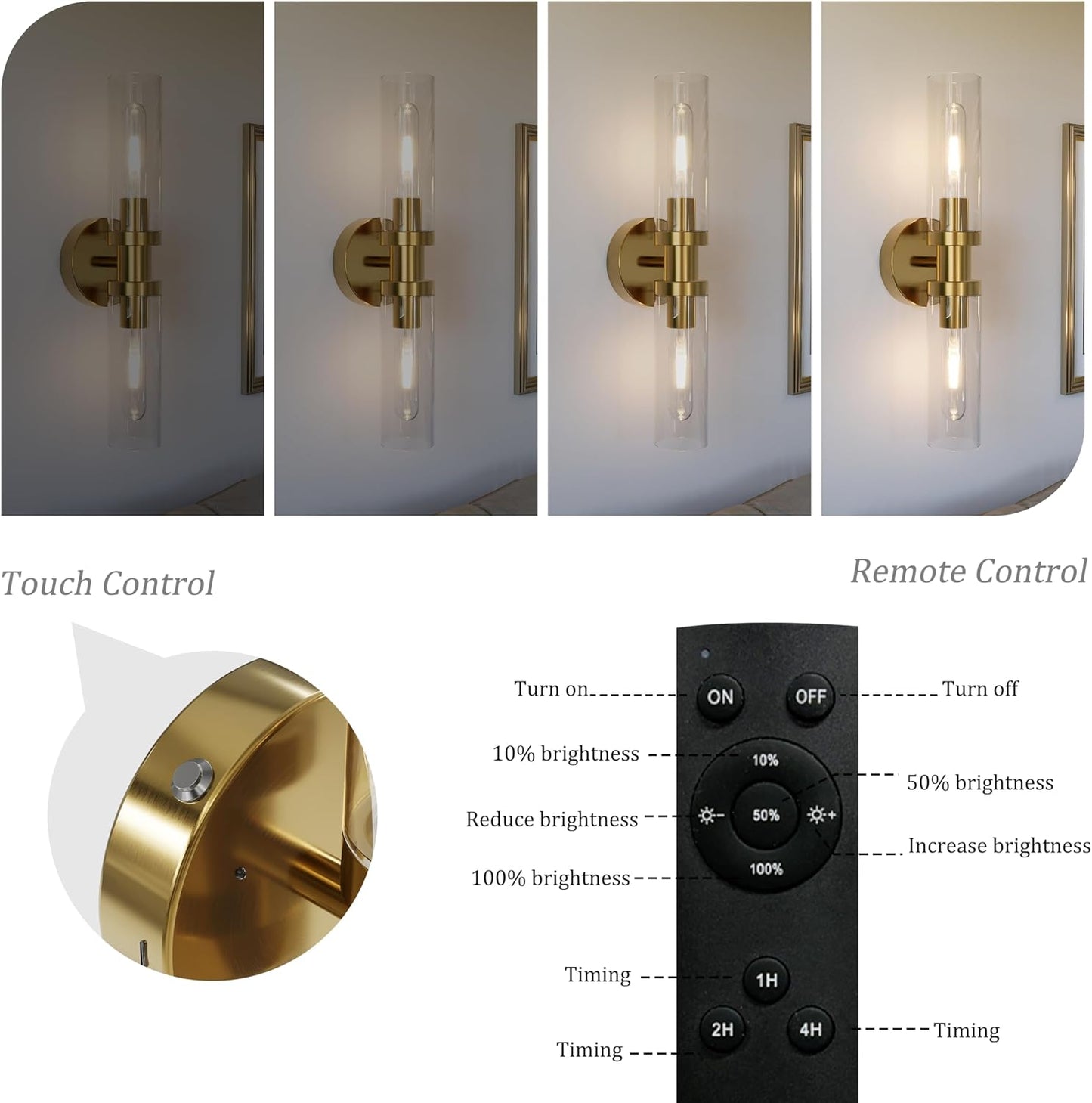 Battery Operated Wall Sconces, Wall Lights, Gold, 16.5 Inch, Easy Install | Glass Dimmable Wireless Rechargeable