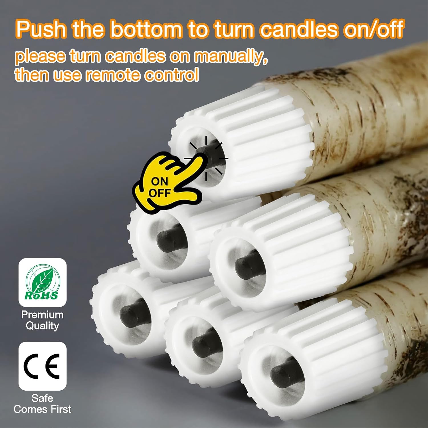 Short Birch Bark Flameless Taper Candles with Remote Set of 6 | Flickering Wood LED Candlesticks, Real Wax Coating, 2