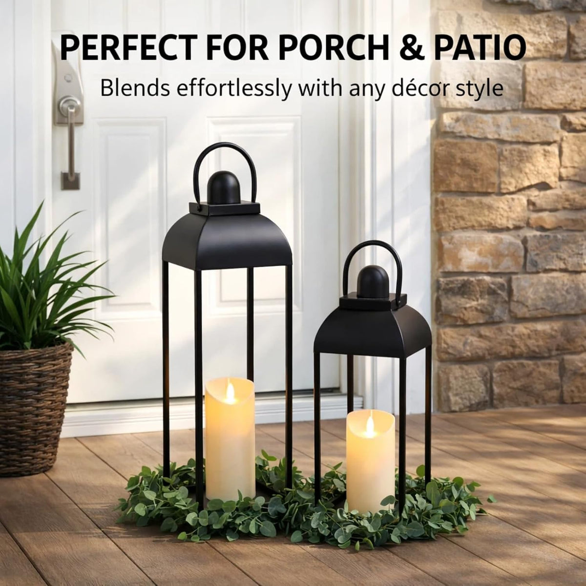 25'' 19'' Lanterns Decorative Outdoor Indoor, Black Metal Outdoor Lanterns | Set of 2 No Glass Modern Farmhouse