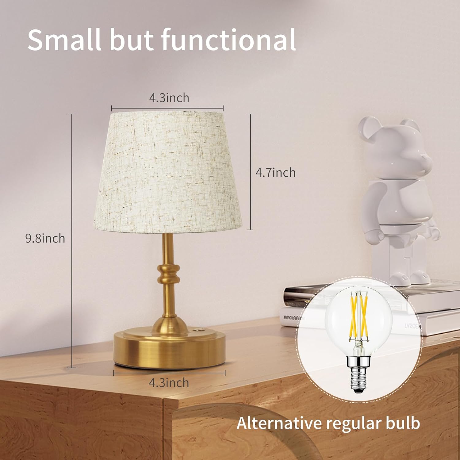 ONEWISH Small Cordless Lamp, Battery Operated Table lamp Dimmable, 4000mAh Rechargeable, Touch Bedside Lamp with Beige