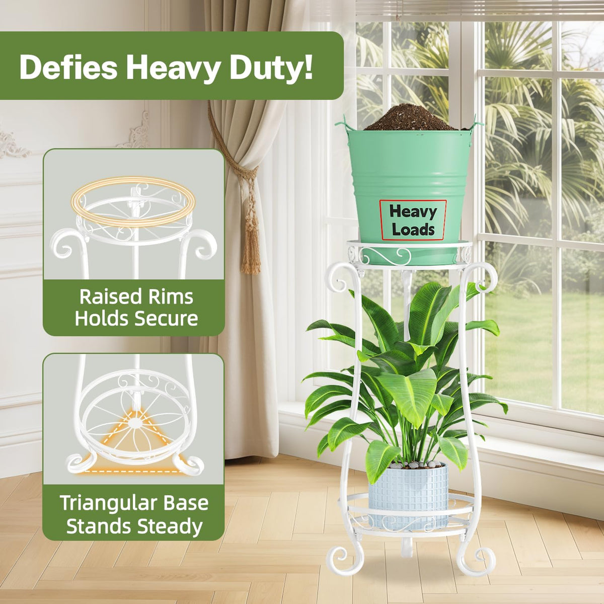 iDavosic.ly 2 Tier Tall Metal Plant Stand Outdoor Indoor, 27 Inch, White | Corner Flower Pot Holder Shelf, Wrought Iron