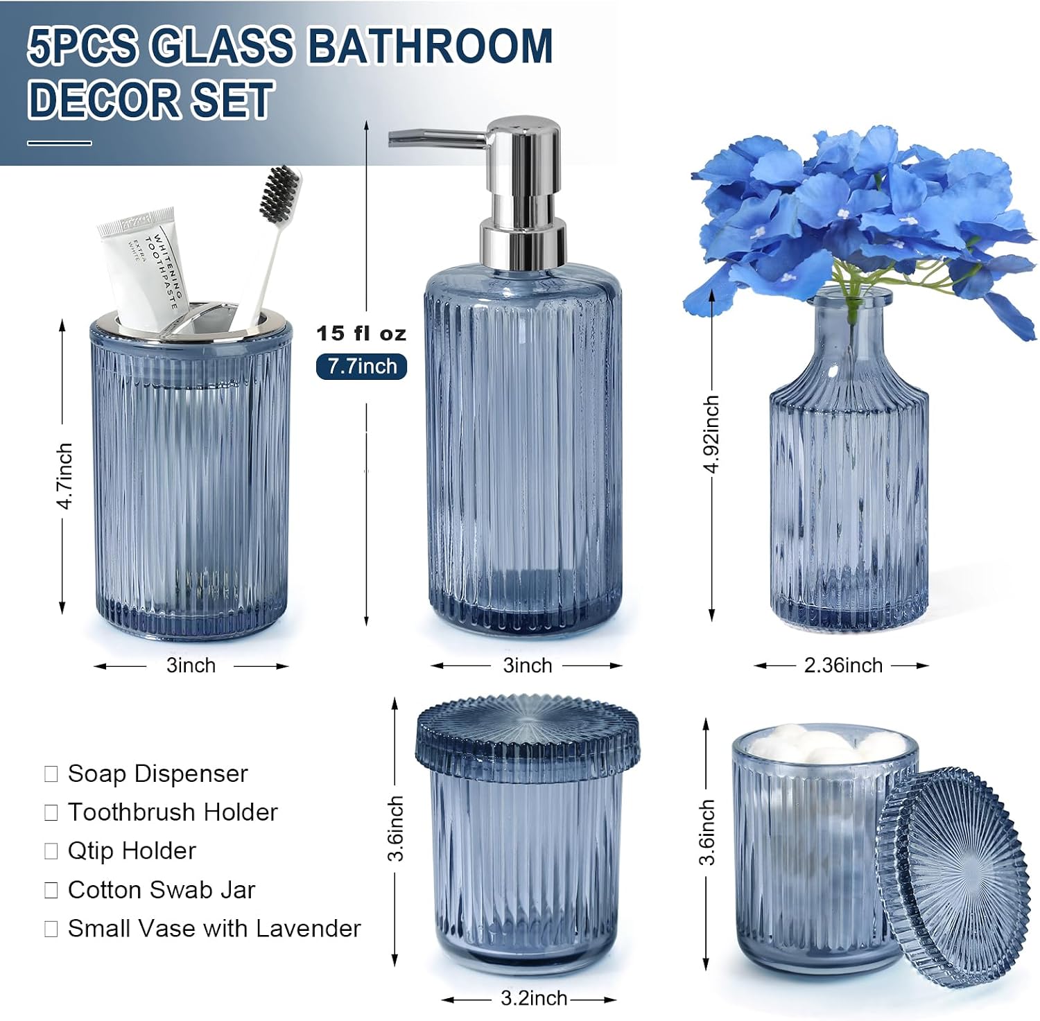Blue Bathroom Accessories 5 Pcs, Glass Bathroom Accessory Set, Vintage Blue Bathroom Set, Royal Soap Dispenser and
