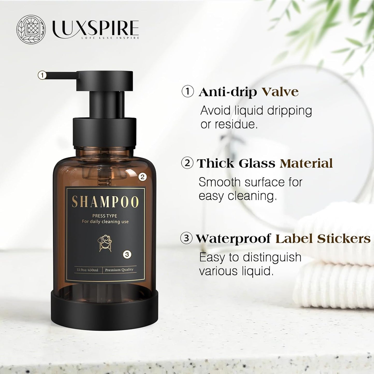Luxspire 15oz Glass Foaming Soap Dispenser Set, Amber + Dark Gray, 2 Pack | Anti-drip pump, wide mouth easy refill