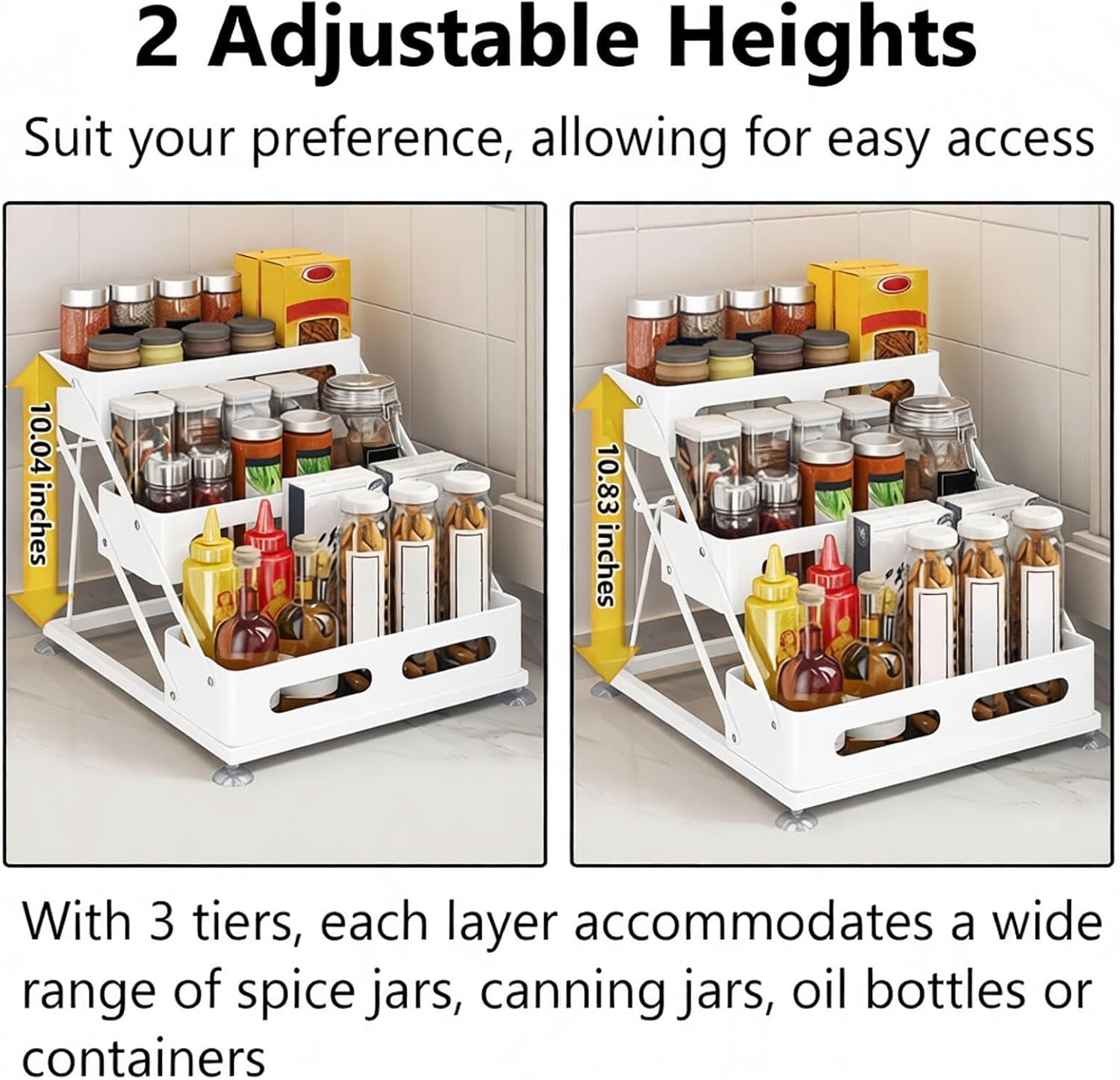 Ceetug 3 Tier Foldable Spice Rack, White | Iron, For Countertop, Kitchen Seasoning Organizer, For Cabinet