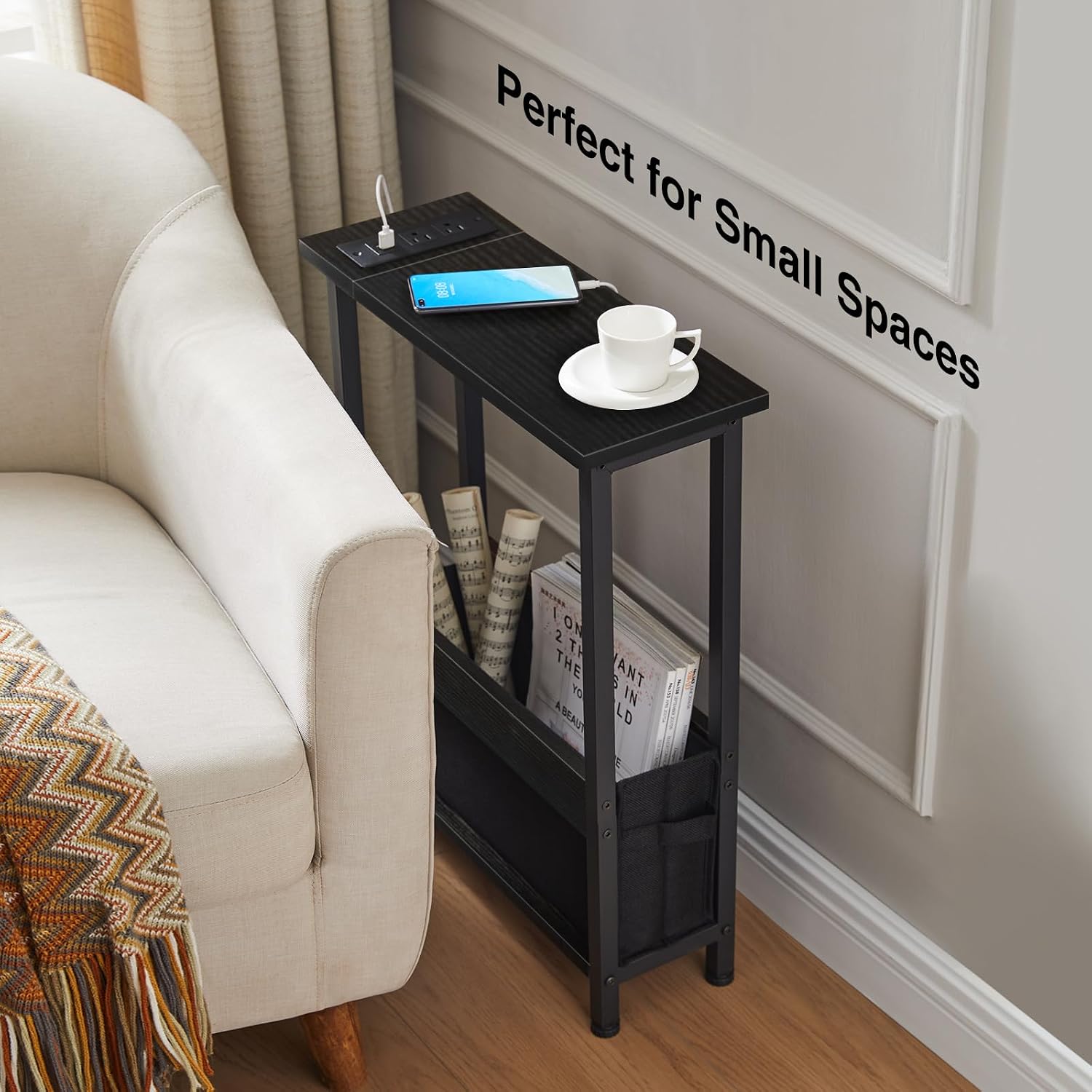 BAMGROW Slim Charging End Table with Storage - for Small Spaces and Bedroom (Black)