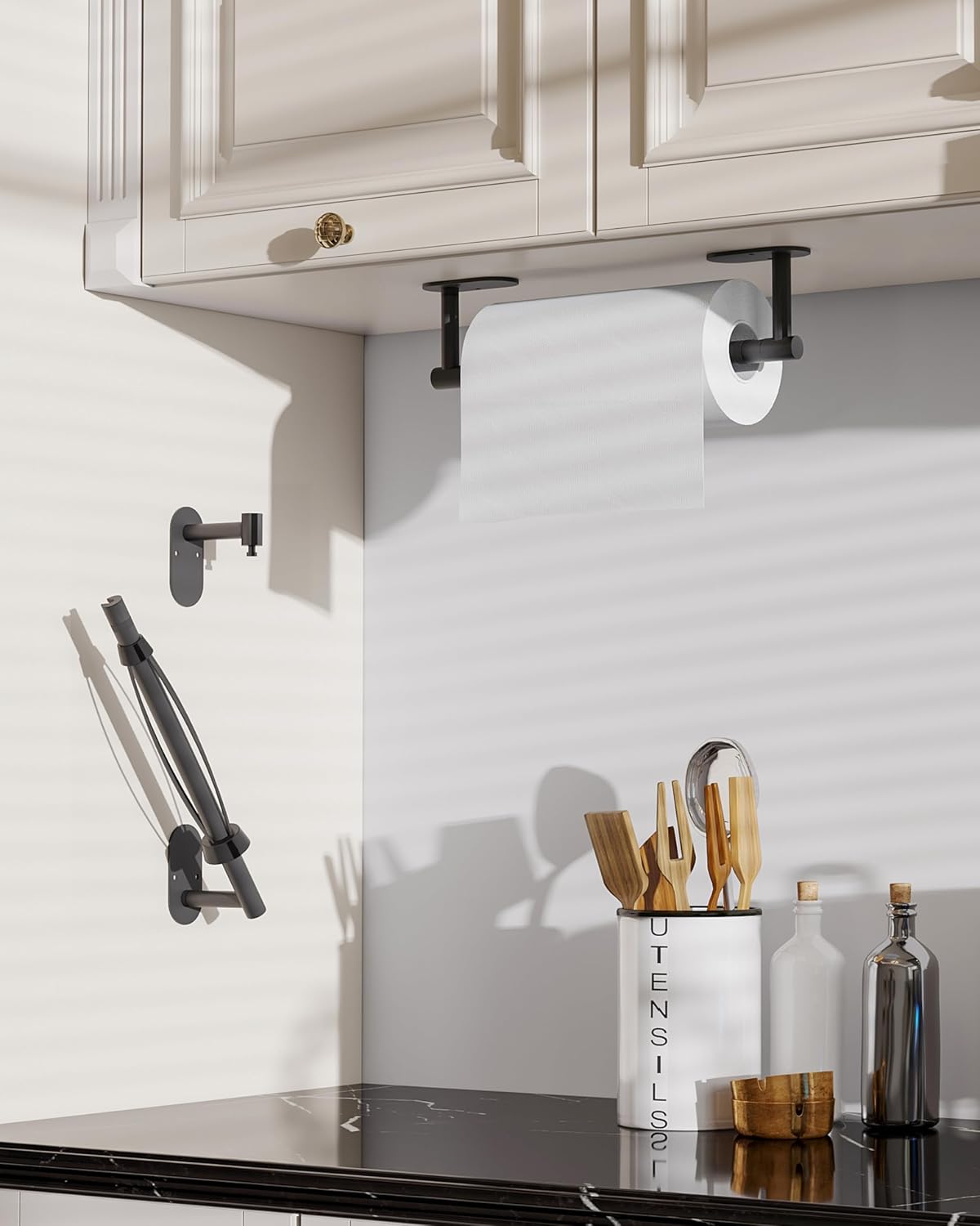 Paper Towel Holder Under Cabinet One Hand Operable, Matte Black | Round Base,Damping Effect, Drill Wall Mount or