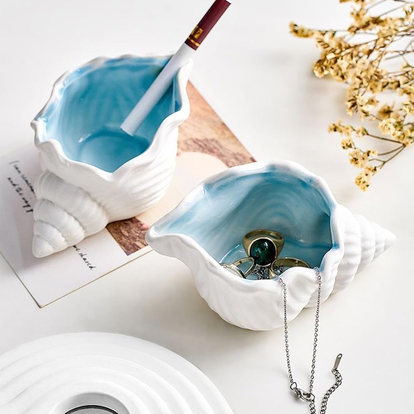 Conch Jewelry Dish Ceramic Jewelry Tray / White + Blue