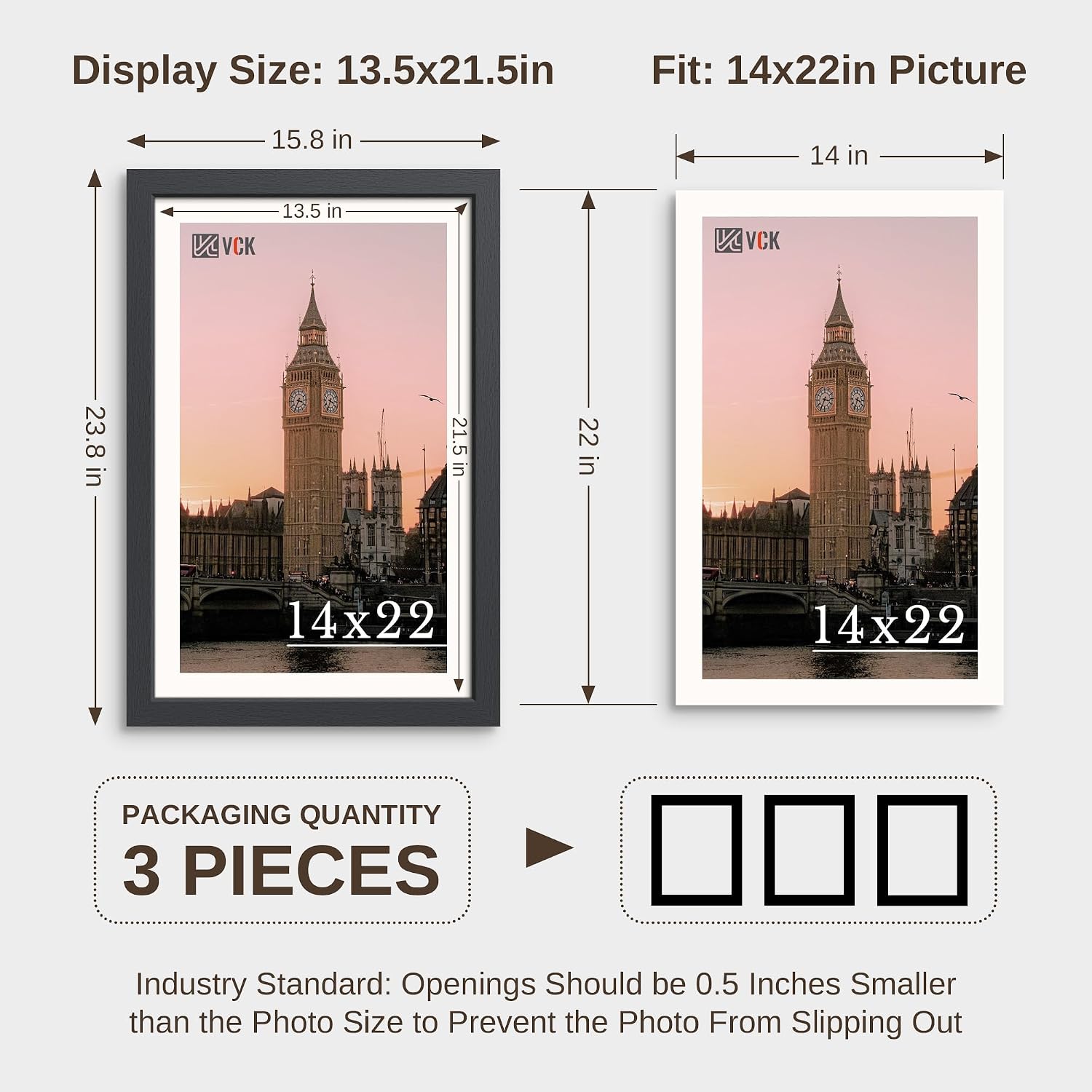 VCK 14x22 Frames 3 Pack, Black Poster Frame MDF Wood with Polished Plexiglass, Wall Mounting Horizontal & Vertical