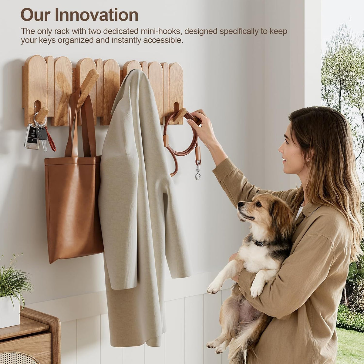 Solid Walnut Coat Rack Wall Mount, 16.5" Wood Wall Mounted Coat Rack with 8 Retractable Hangers,Heavy Duty Wooden Coat