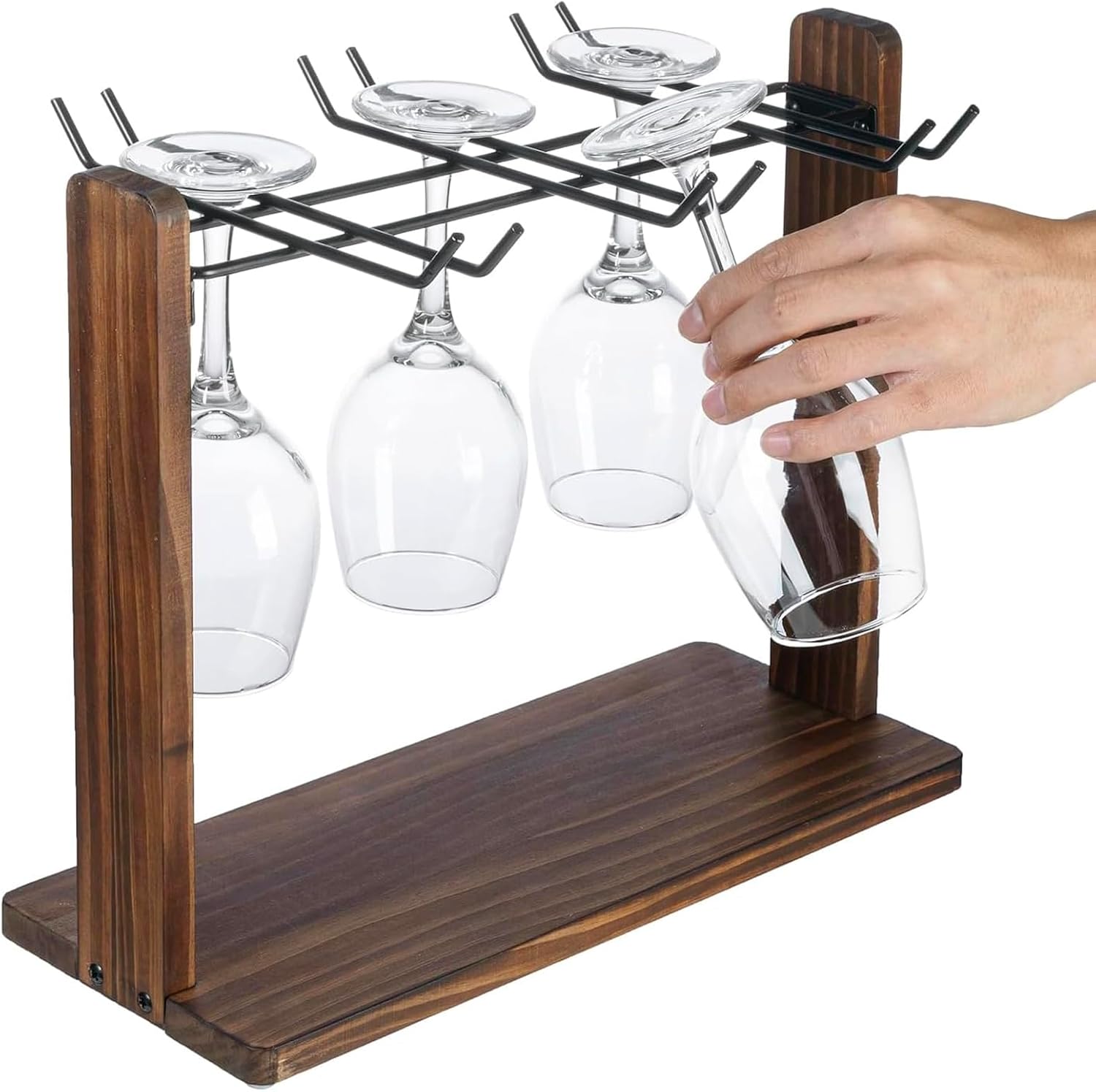 MyGift Tabletop Wine Glass Drying Rack, Champagne Flute Holder, Countertop Stemware Stand for Goblets, Modern Burnt
