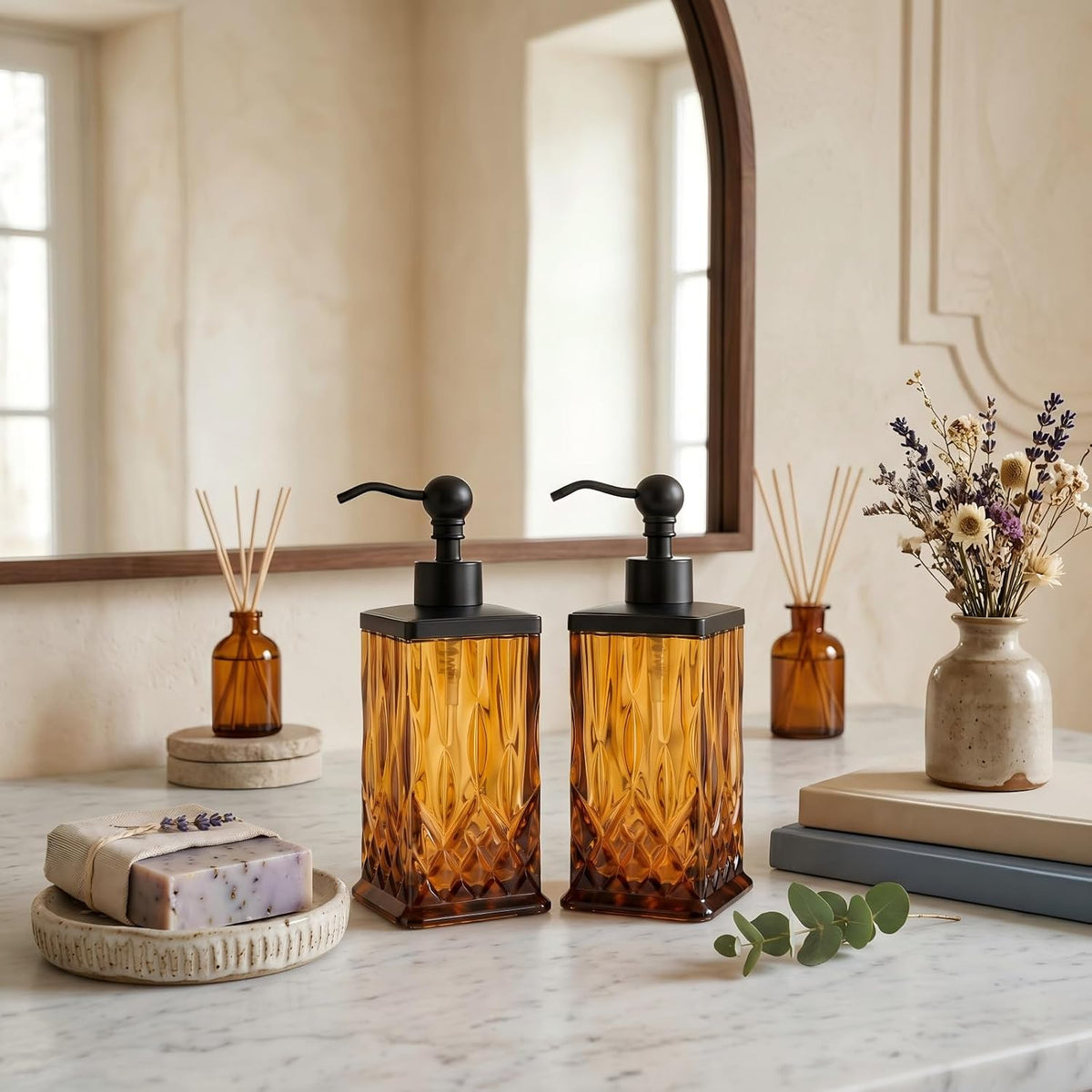 2 Pack 10Oz Amber Soap Dispenser, Square Thick Glass | Featured texture pattern, for lotion,hand soap or body wash for