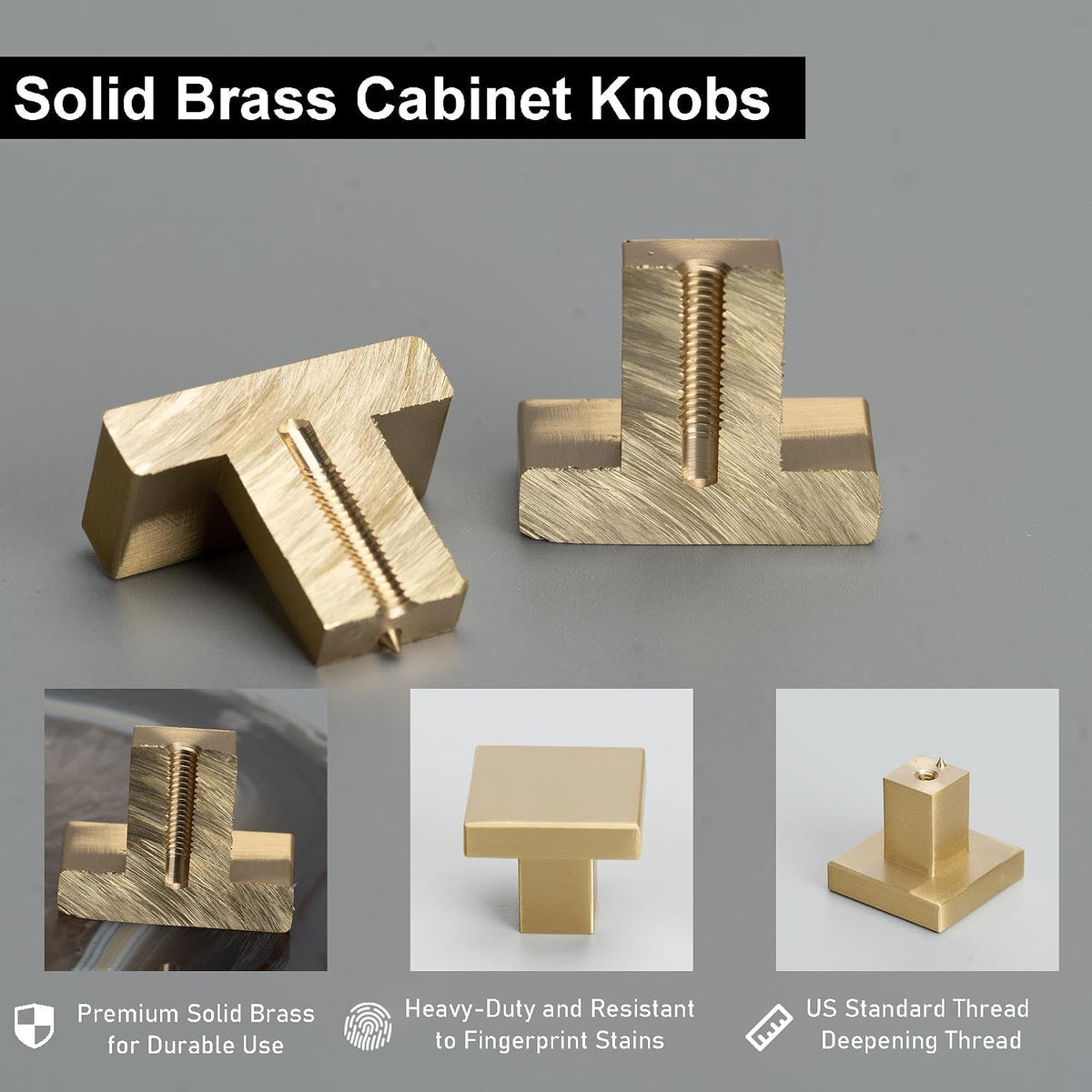 QOGRISUN 10-Pack Solid Brass Cabinet Knobs, 1-3/16in Square, Brushed Gold | Solid Brass Square Knobs, Brushed Brass