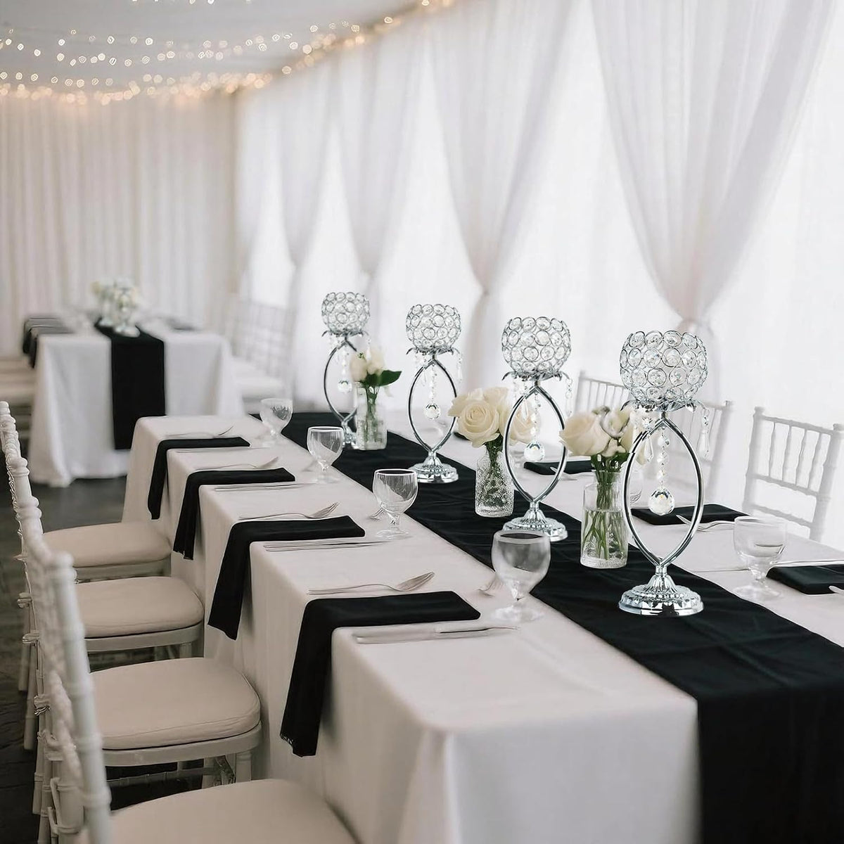 12 Pcs Silver Elegant Metal Crystal Tea Light Candle Holders | with Crystal Pendants, Hollow Design - Wedding Table