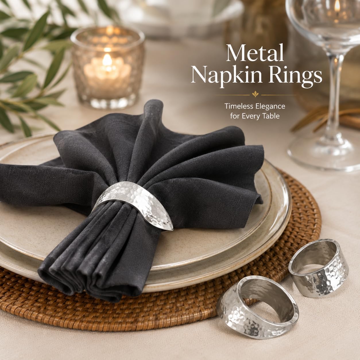 Alpha Living Home Silver Napkin Rings Set of 12, Metal Art Deco | Hammered metal, hand-hammered silver finish, 3x2x0.5