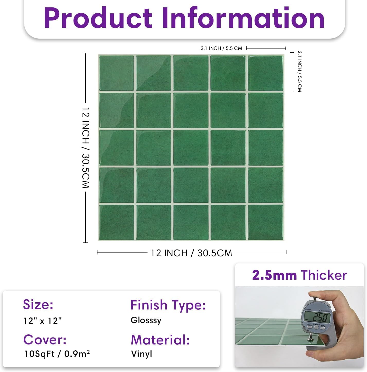 Thicker Peel and Stick Backsplash Tiles- of " -3D Adhesive Glossy / Dark Green / 12 x 12 / Set of 10