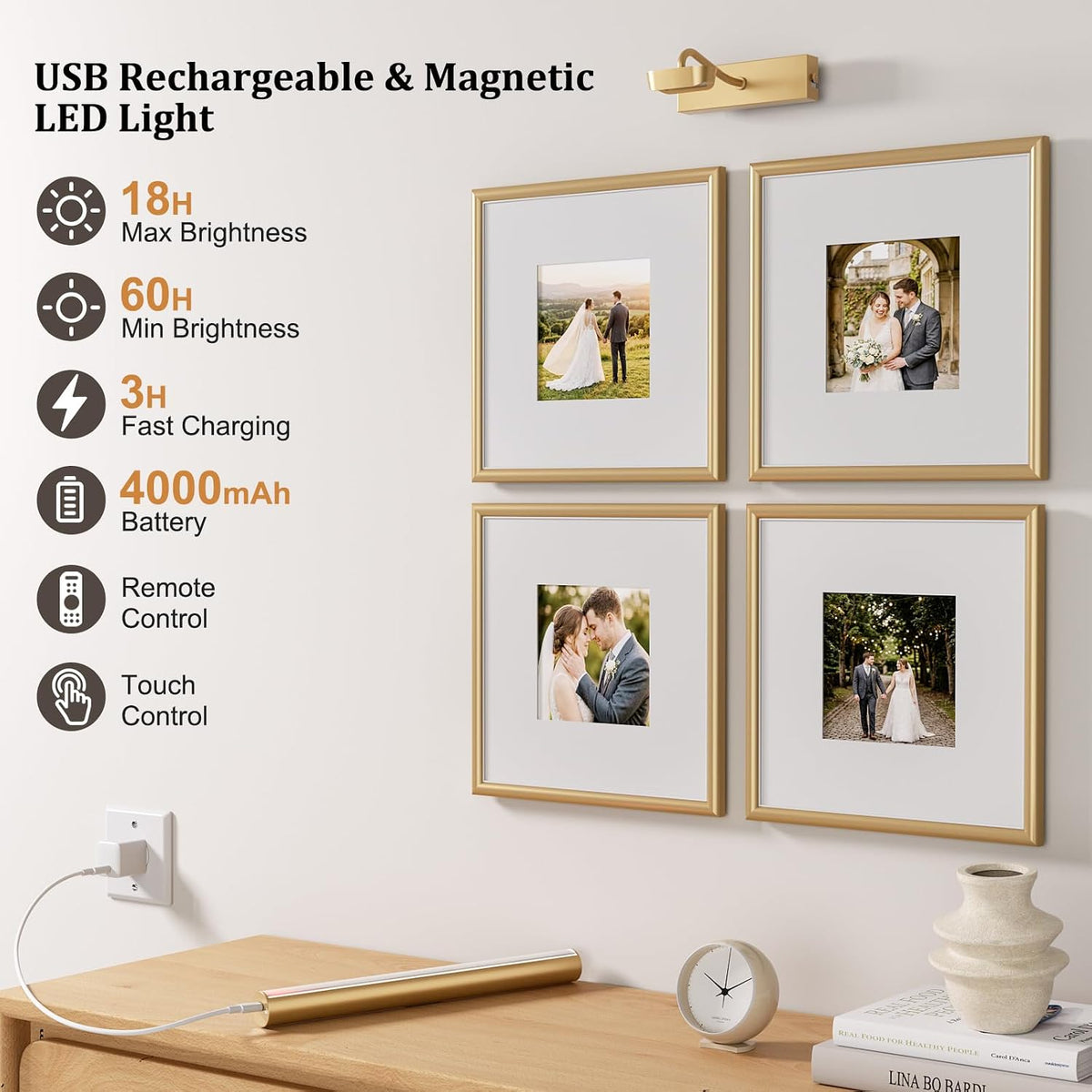 13.8" Cordless Picture Light for wall, Gold, 2 Pack | 4000mAh Rechargeable art lights, RF Remote, Magnetic Detachable