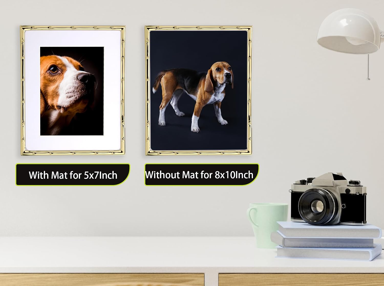 YiPinYin 8x10'' Bamboo Detail Gold Metal Picture Frame with Acid Free Mat for 5x7'' Set of 2,Elegant Narrow Plated