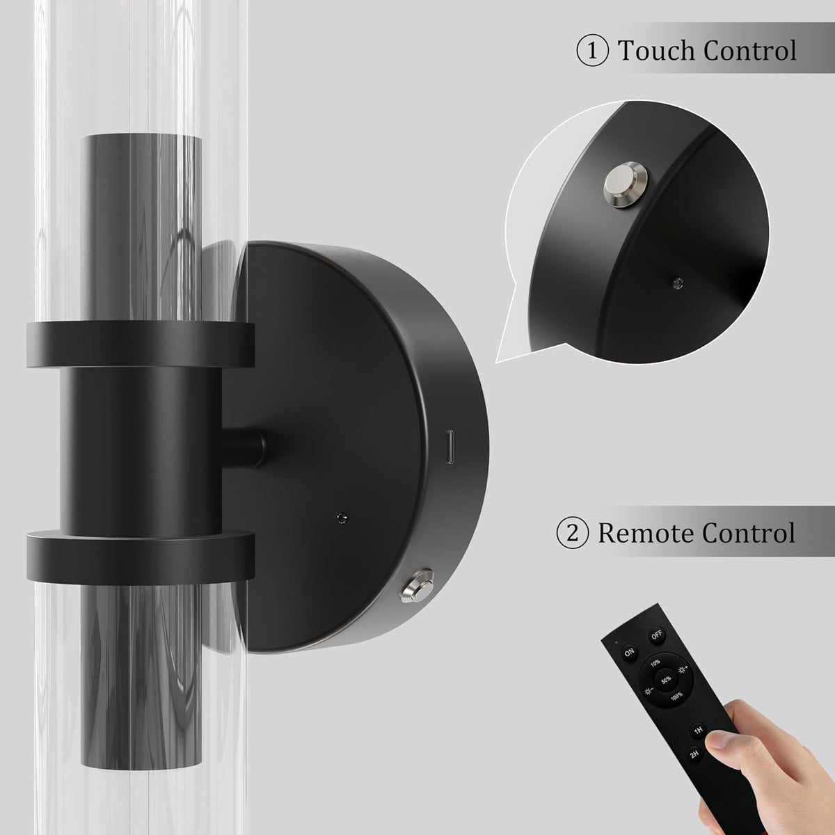 Rayogale Black Wireless Battery Operated Wall Sconces with Remote Control | Glass Rechargeable Wall Lights Set of 2