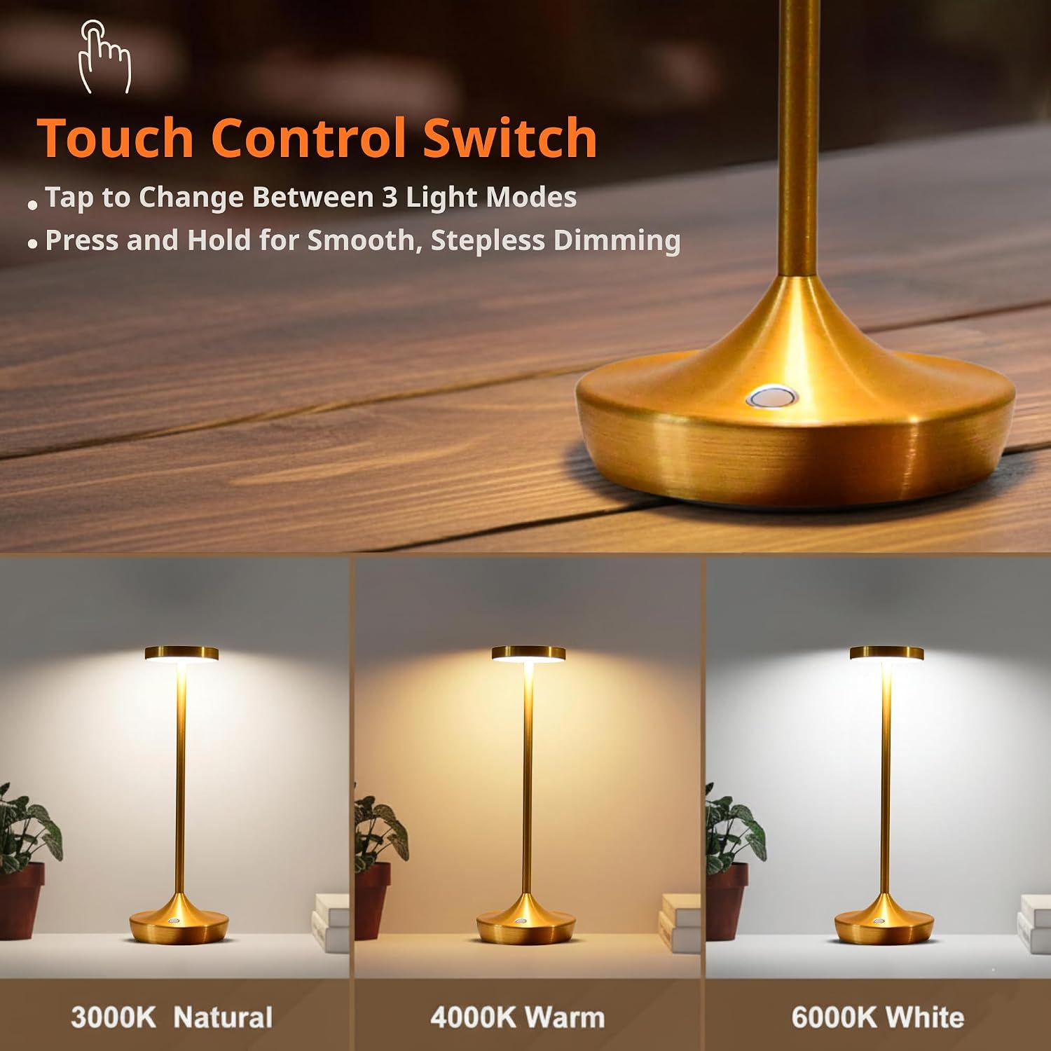 Gold Cordless LED Table Lamps Rechargeable 6000mAh, 72H Runtime, Waterproof | Stepless Touch Dimming with 3 Color Modes