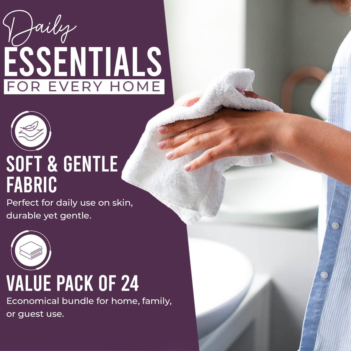 DAN RIVER 24 Pack Cotton Wash Cloths Set for Showering [12x12] Purple | Lighter Weight, Quick to Dry, Super Soft &