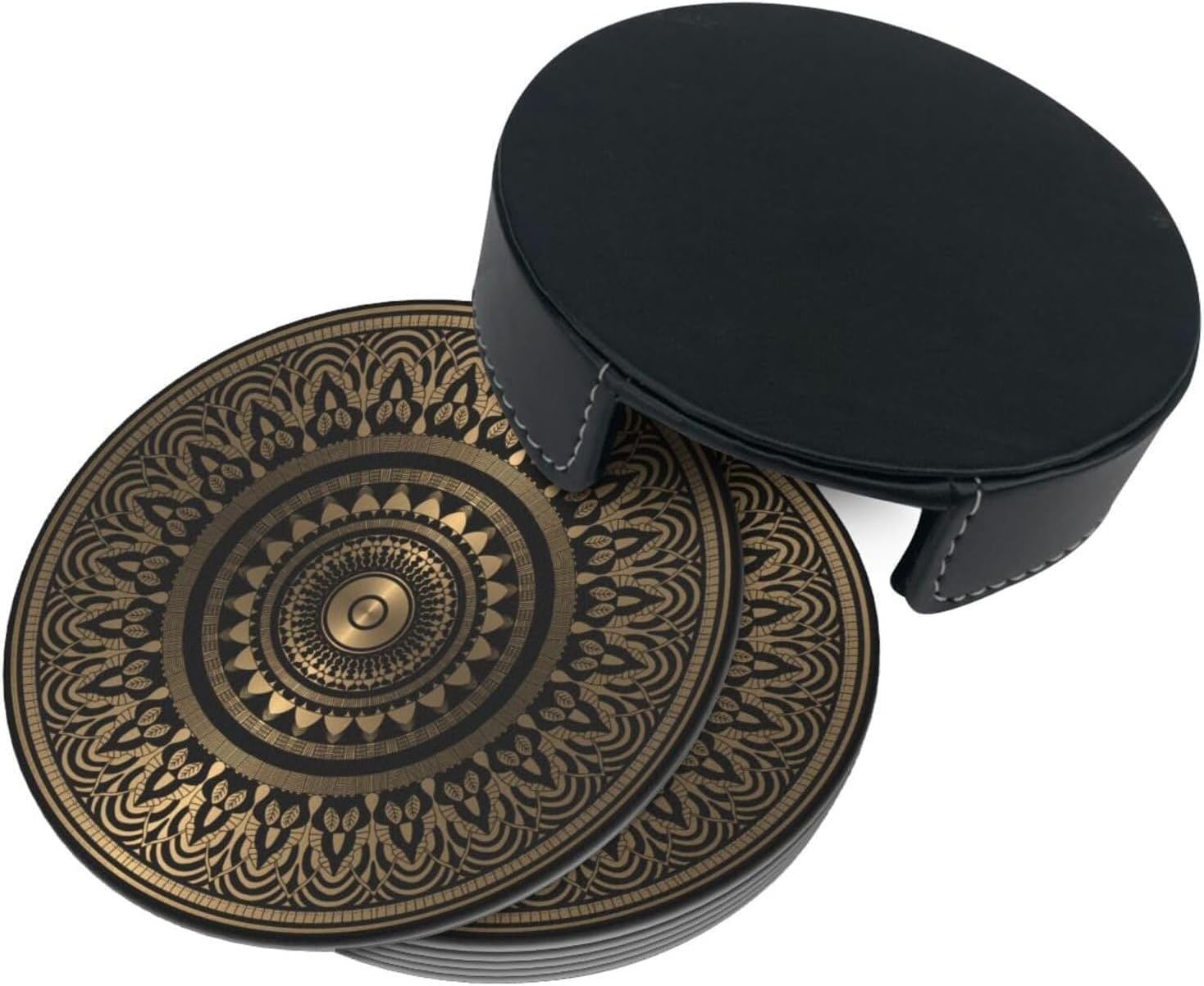 Holder Stand / Pu Leather Absorbent Coasters / Gold Black Mandala Rosette / Set of 6