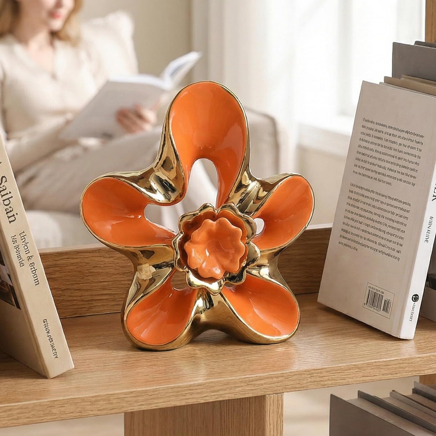 Ceramic Statue Home Decor Aesthetic Abstract Flower Sculpture Modern Decorative / Orange and Gold