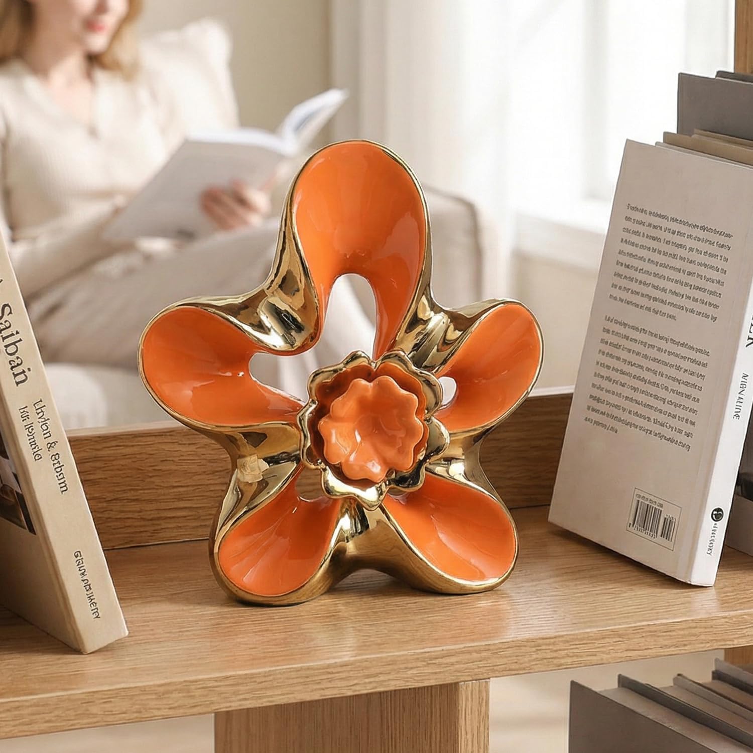 Ceramic Statue Home Decor Aesthetic Abstract Flower Sculpture Modern Decorative / Orange and Gold