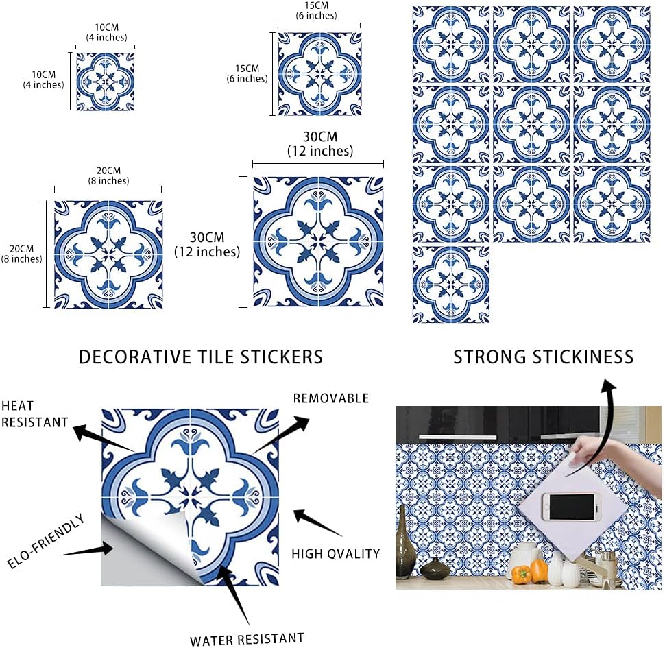 Decorative Tile Stickers Set 12 Units Peel and Stick Self Adhesive Removable Talavera / Blue / 6 x 6