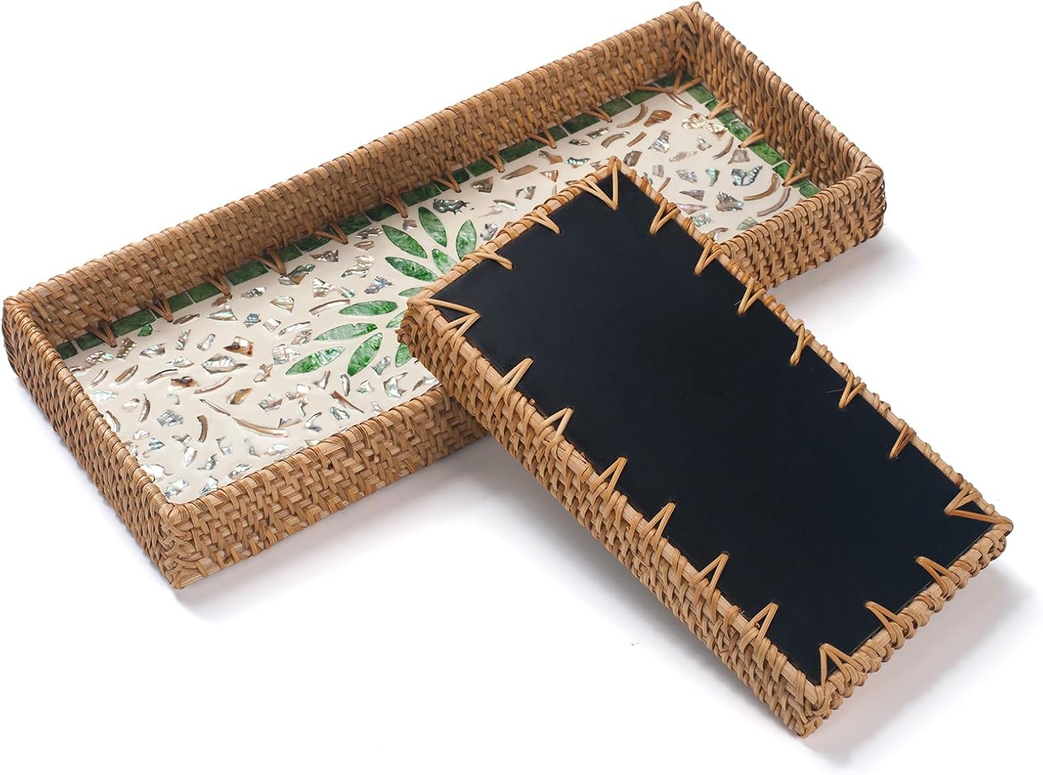 Rattan Bathroom Vanity Tray / Green Leaves / Set of 2