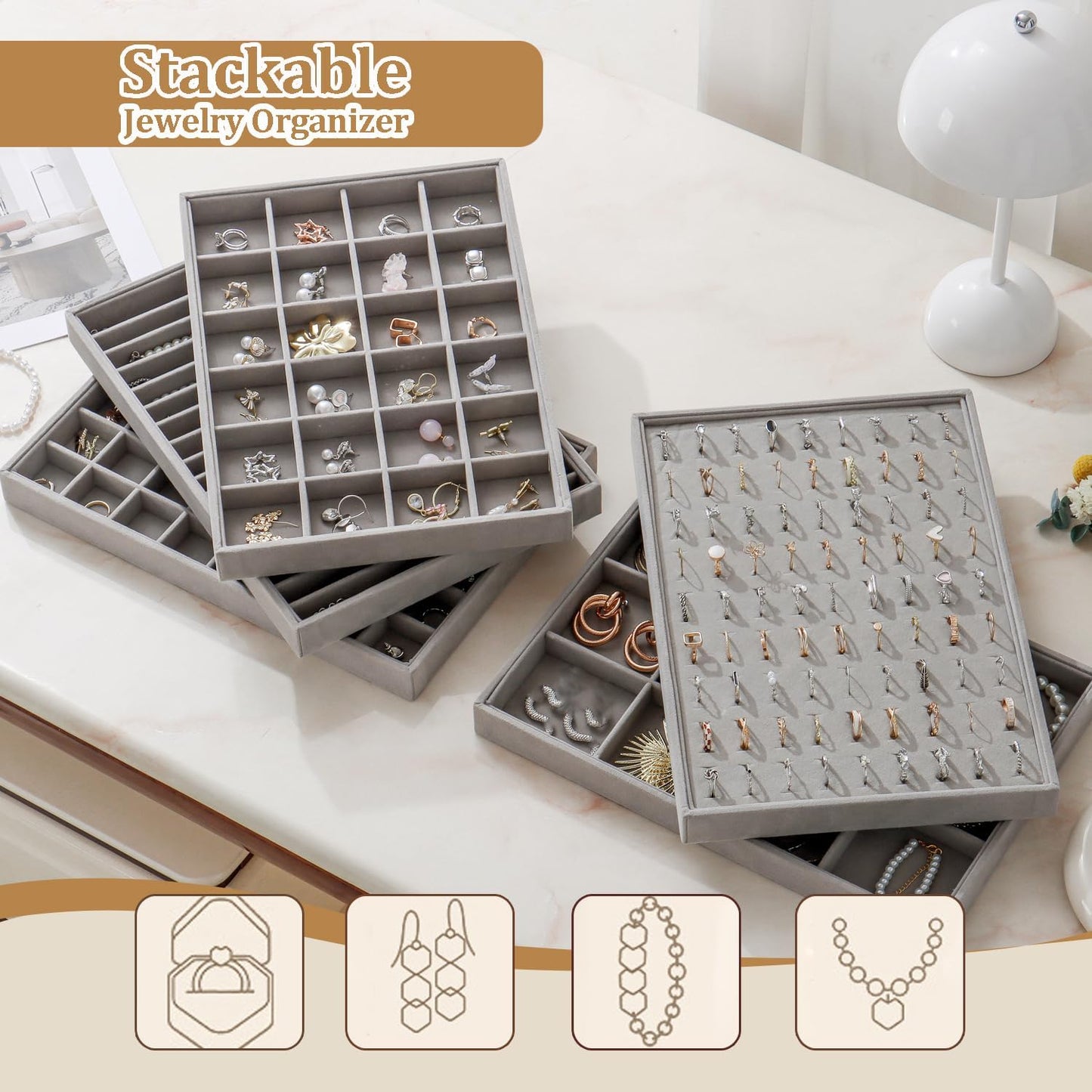 Large Velvet Jewelry Tray Stackable Jewelry Display Drawer Inserts / Gray / 16 Grids / Set of 2