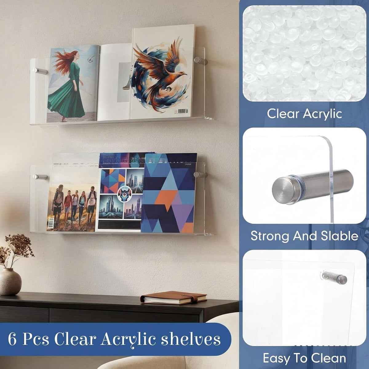 6 Pack Clear Acrylic Magazine Holder Brochure Holder Wall Mount Hanging Bookshelf Literature Storage Rack for Document