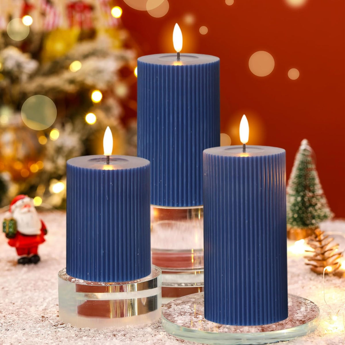Navy Battery Operated Flameless Candles with 6 Hour Timer | 3D Wick Flickering LED Pillar Candles, Vertical Stripe Wax