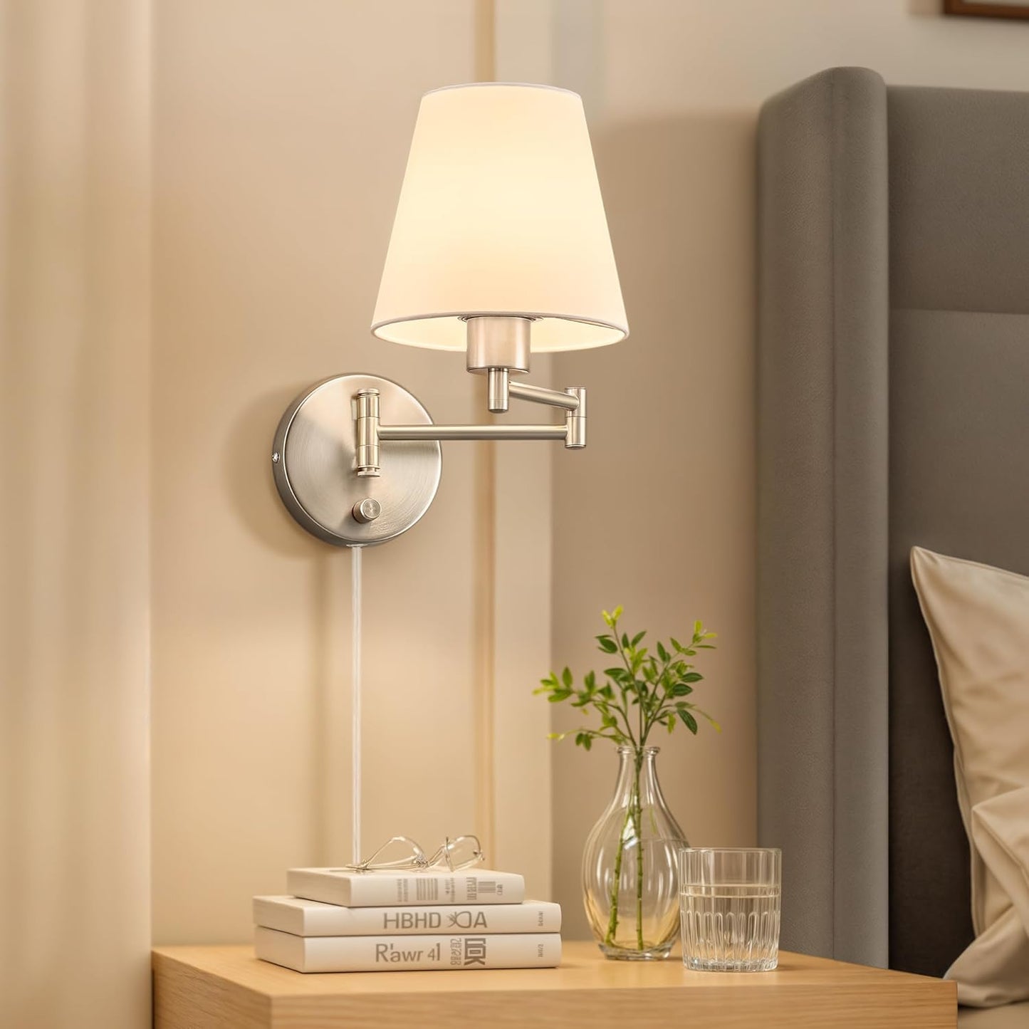 VONLUCE Wall Sconce Set of 2, Plug in & Swing Arm Wall Lamps, Nickel Finish | Modern Wall Lights with White Fabric