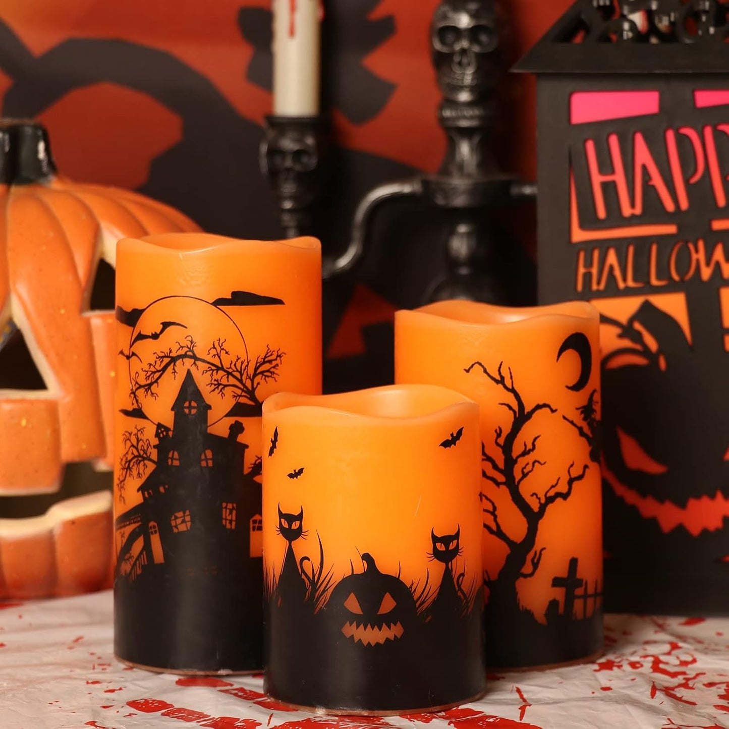 GenSwin Halloween Candles with Timer, Flickering Flameless Candles Battery Operated, 3 Pack Real Wax Pillar Candles for