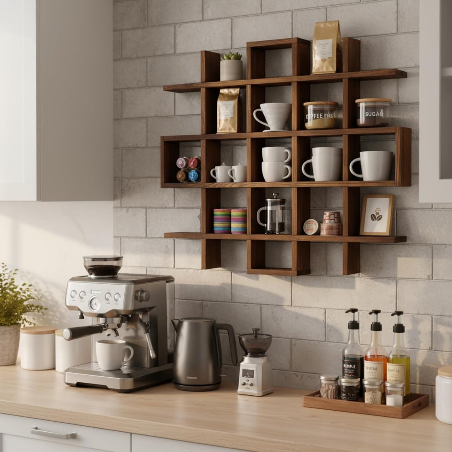 Suzile Mug Display Shelf Wall Mounted,Grid Size 5.1x5.1x3in,Rustic Brown | Rustic Wood Floating Shadow Box for Coffee