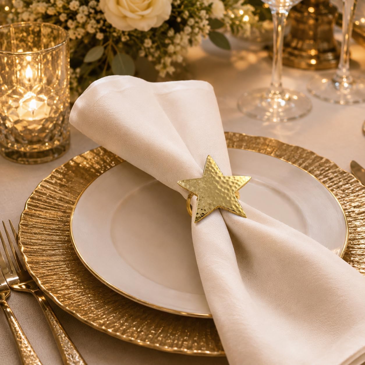 Alpha Living Home Gold Star Napkin Rings, Bulk Metal Holders, Set of 12 | Hammered metal, rust-resistant