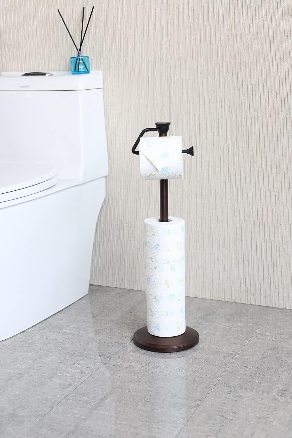 Toilet Paper Holder Stand, Freestanding Tissue Roll Dispenser with Reserve Storage, Bathroom Organizer for 5 Mega