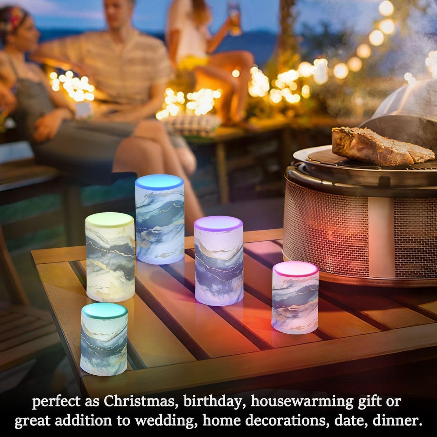 Flickering Flameless Candles, Drak Blue Golden Marble LED Candles with Remote Timer, Set of 2 Battery Operated Candle