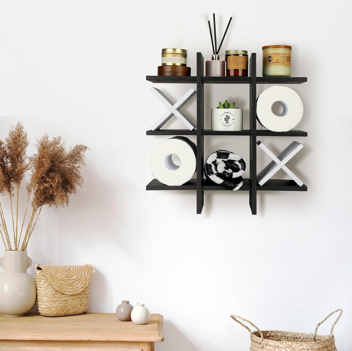 Weysat Tic Tac Toe Toilet Paper Holder,Black, White | Farmhouse Bathroom Decor, Freestanding or Wall Mount Storage for