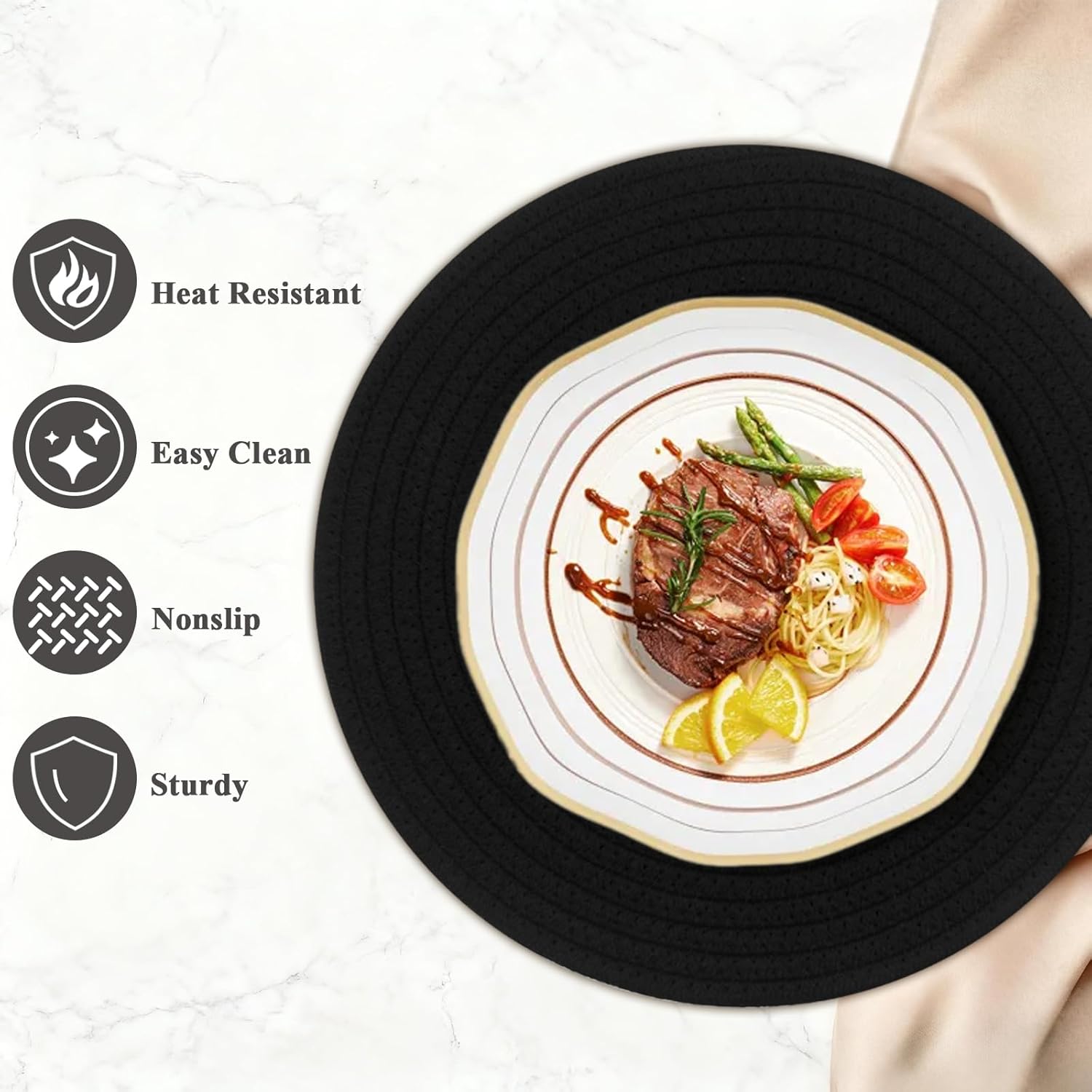 Round Placemats Set of 6, Cotton Rope Woven Table Mats, Hot Pads for Kitchen, Non Slip Heat Resistant Place Mats, 13