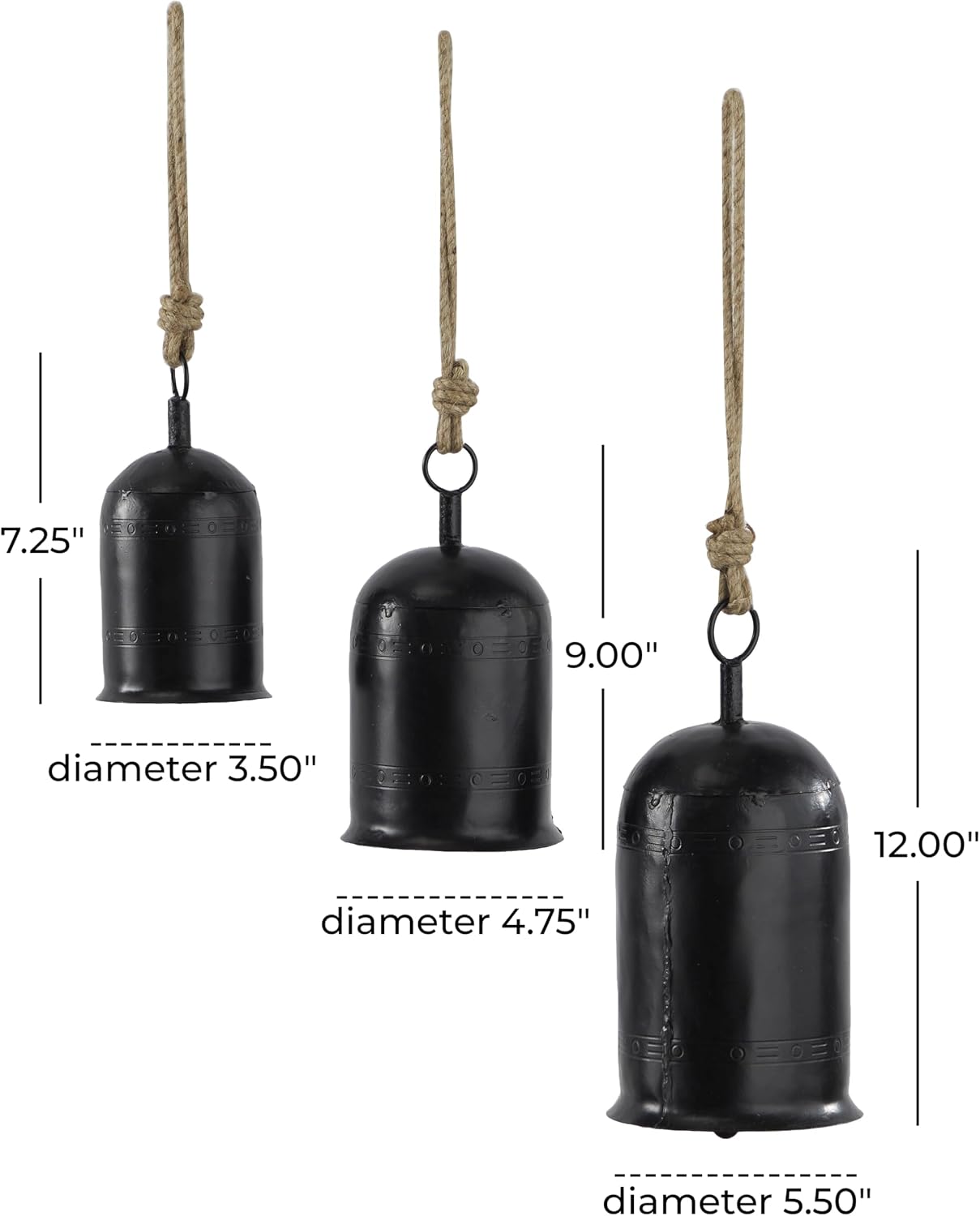 Deco 79 Metal Indoor Decorative Cow Bells Tibetan Inspired Meditation Bell with Jute Hanging Rope, Set of 3 Cow Bell