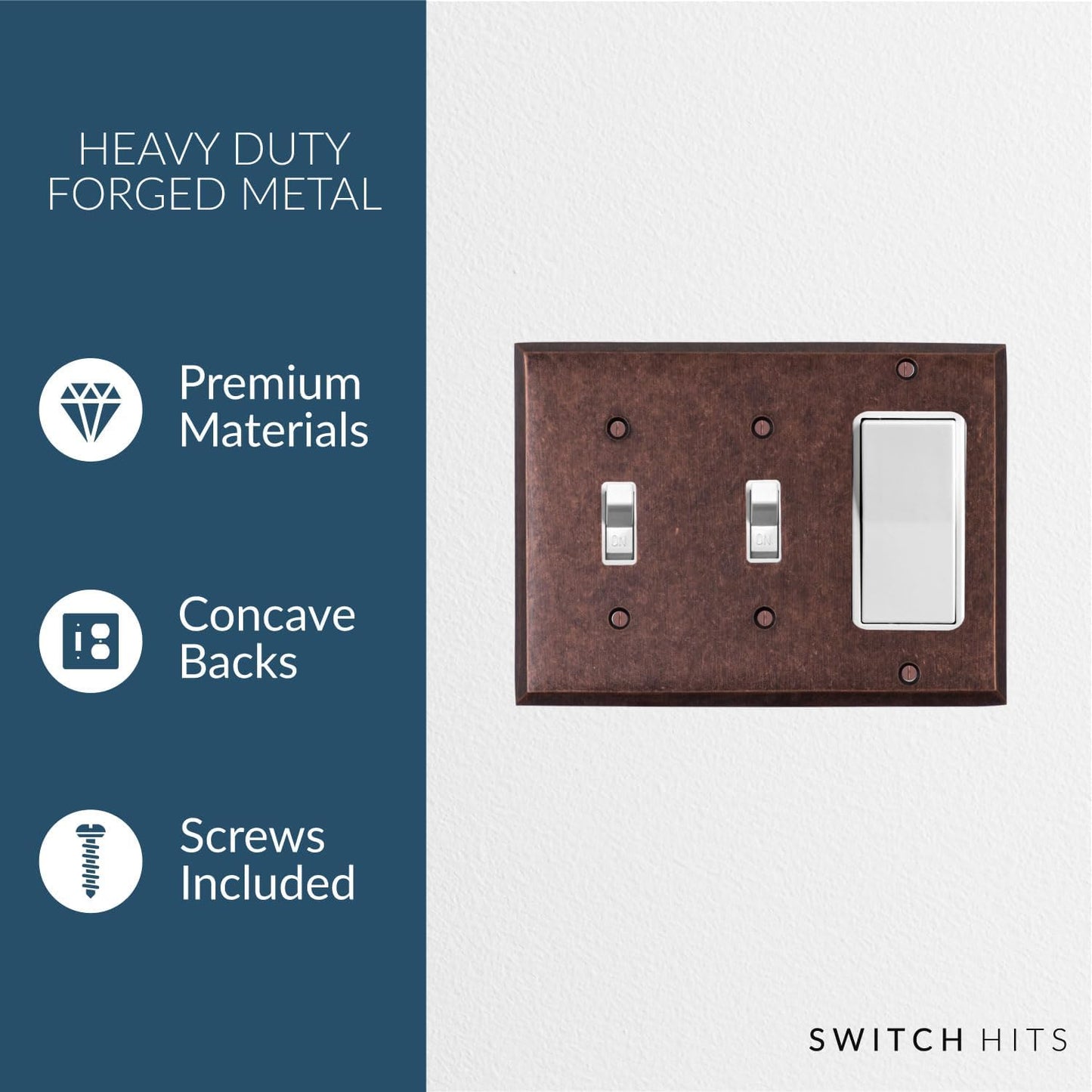 Mottled Antique Copper Outlet Wall Plate | 2 Toggle - 1 GFI Rocker | 6.25" x 4.5" | Hand-Polished Brass Construction