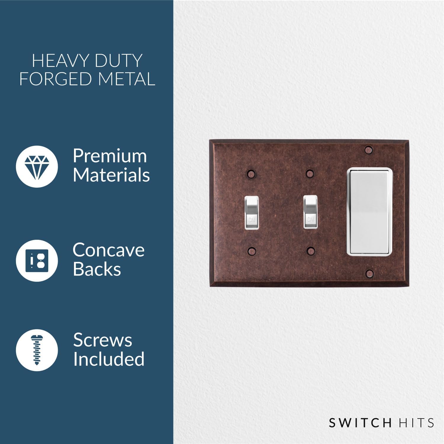 Mottled Antique Copper Outlet Wall Plate | 2 Toggle - 1 GFI Rocker | 6.25" x 4.5" | Hand-Polished Brass Construction