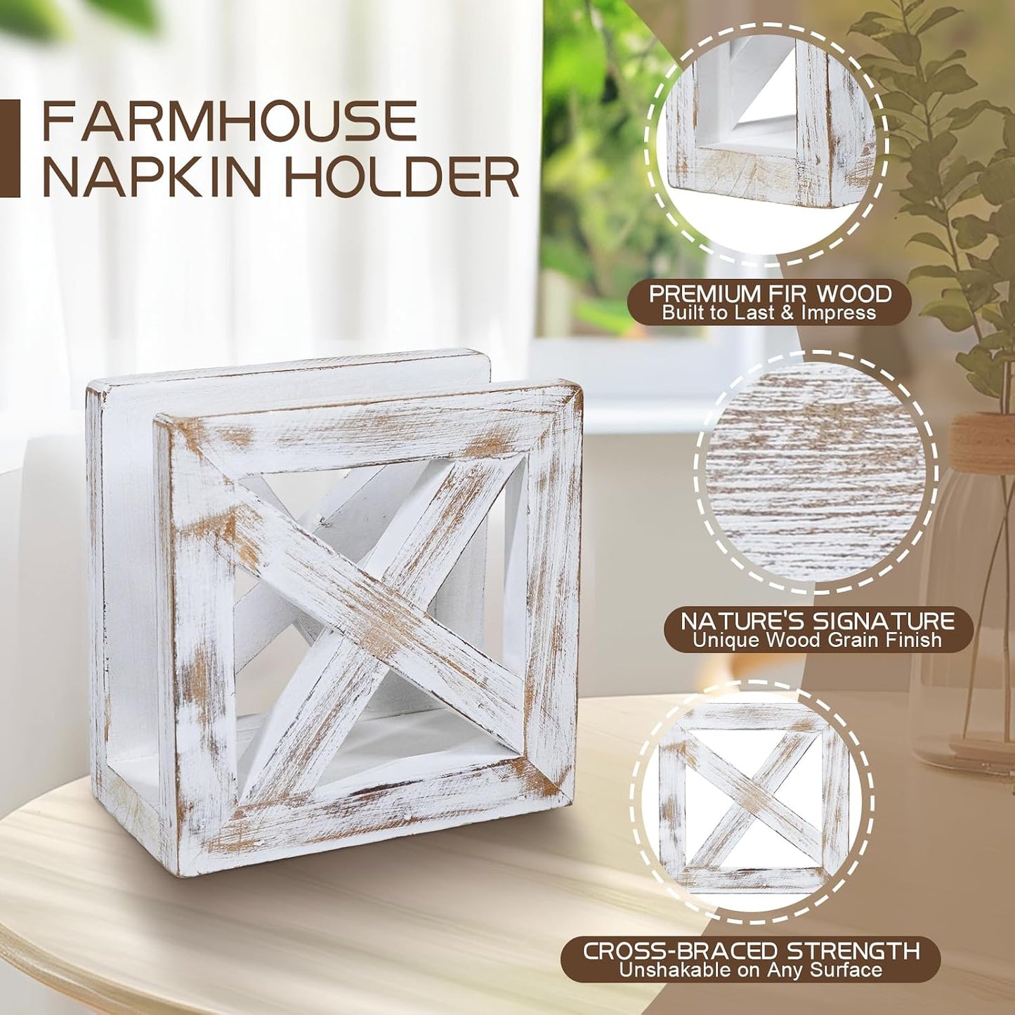 Farmhouse Wooden Napkin Holder / 3"D x 5.5"W x 5.5"H / Vintage White