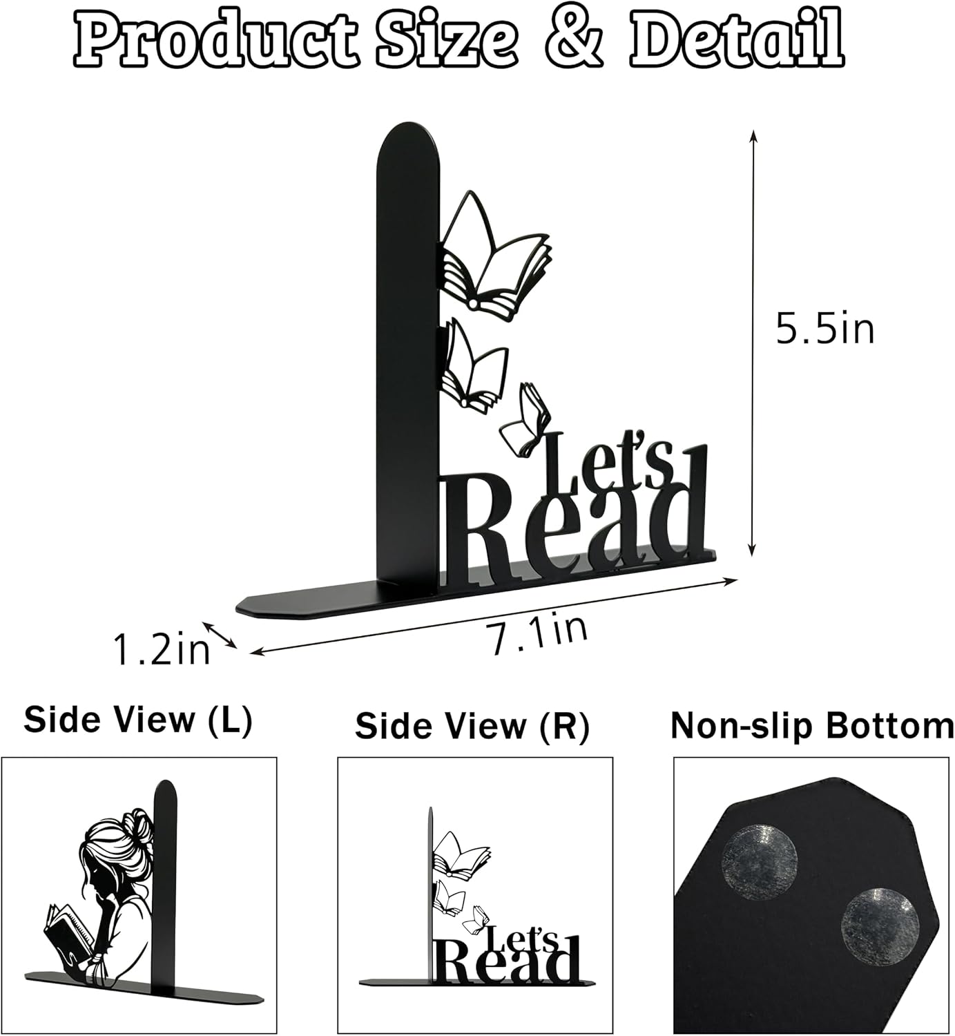 Metal Girl Reading Book Bookends / Black